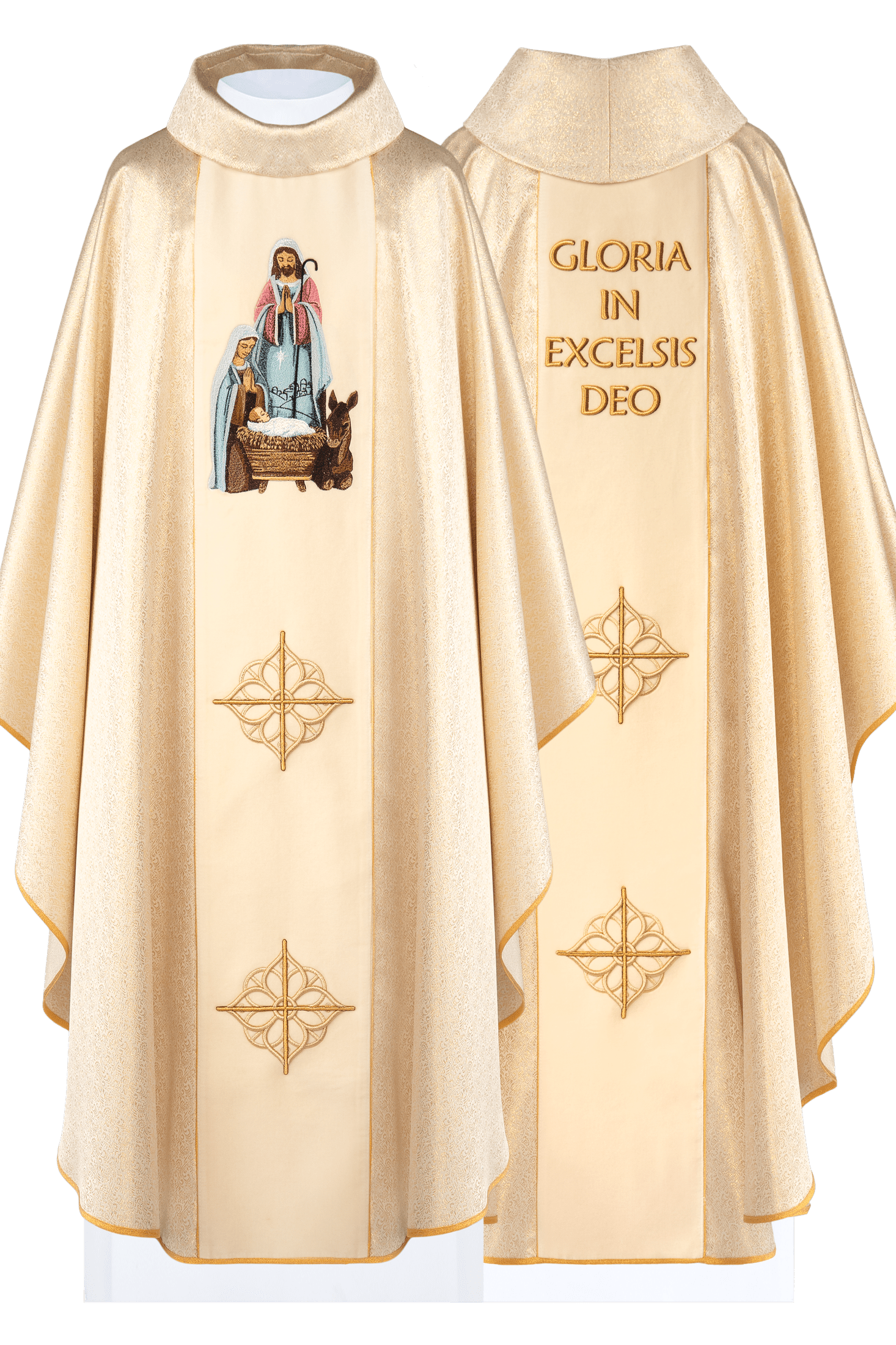 Chasuble brodée avec l'image de la Sainte Famille sur tissu doré