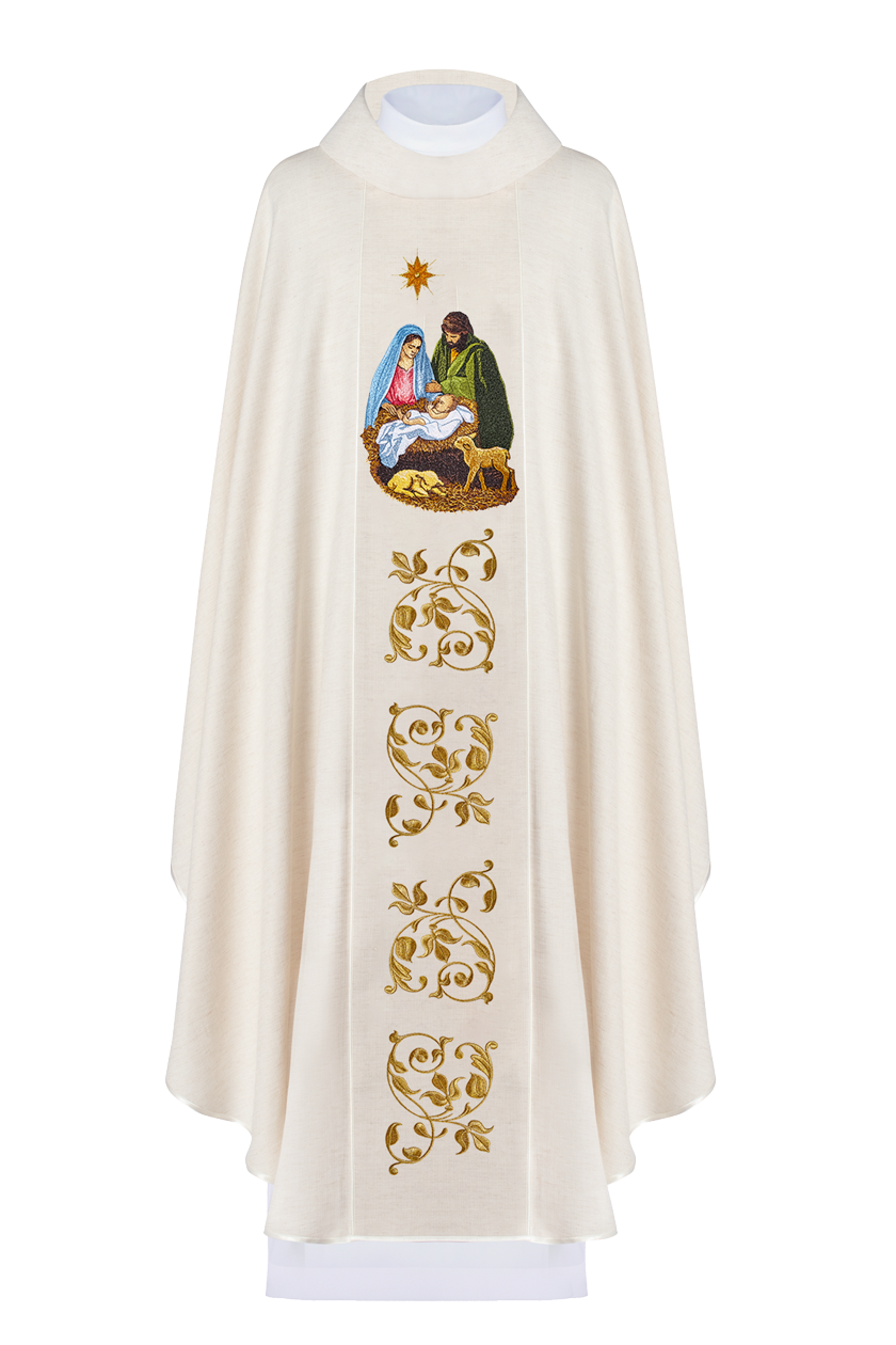 Chasuble brodée de l'image de la Sainte Famille tissu naturel