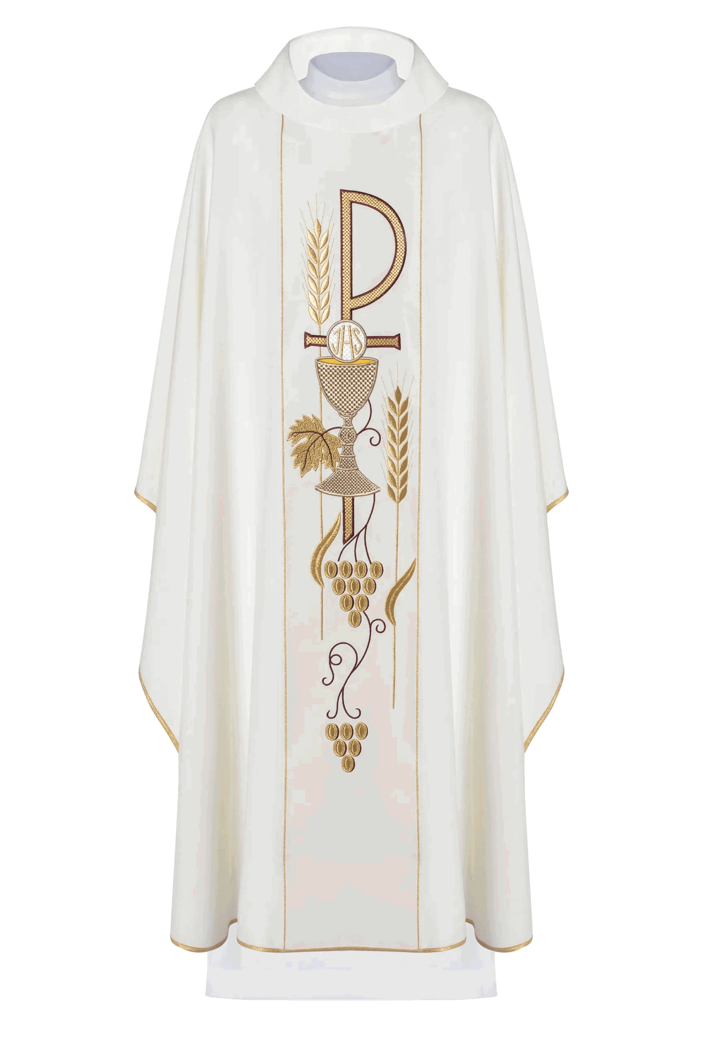 Chasuble brodée avec le motif du calice IHS en écru