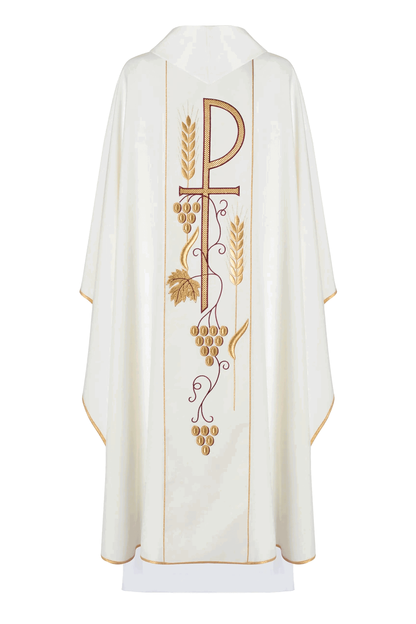 Chasuble brodée avec le motif du calice IHS en écru