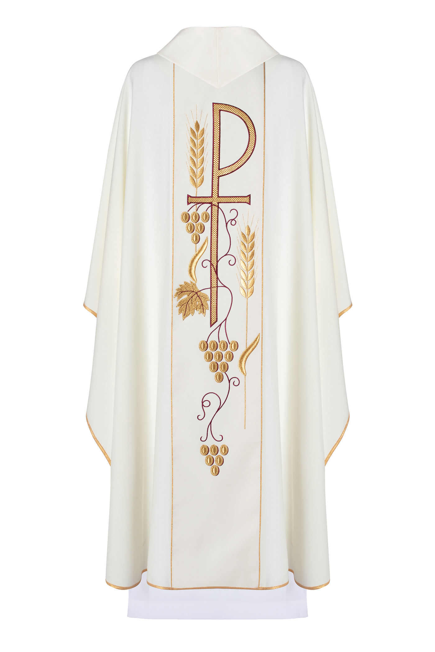 Chasuble brodée avec le motif du calice IHS en écru