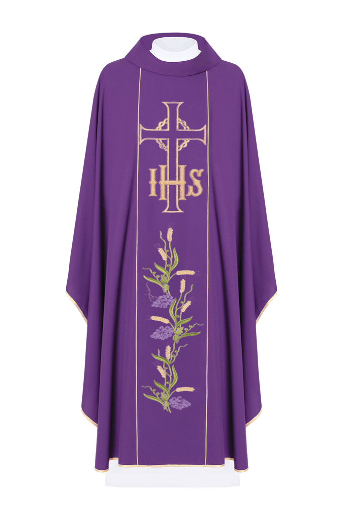 Fioletowy ornat z symbolem krzyża i wonogron