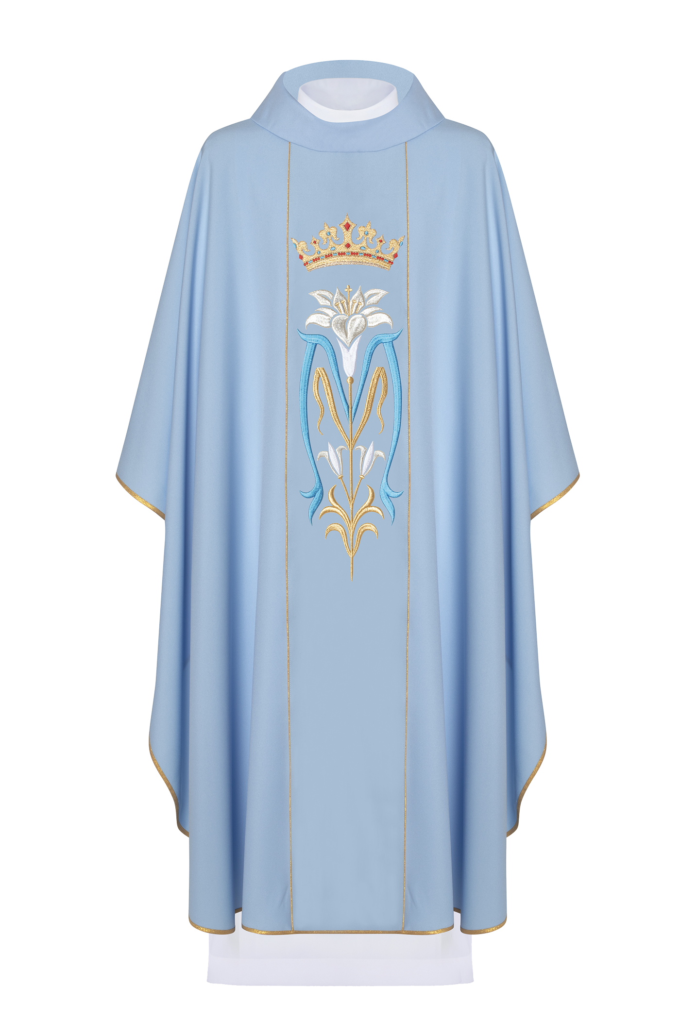 Chasuble liturgique mariale brodée d'une couronne Bleu