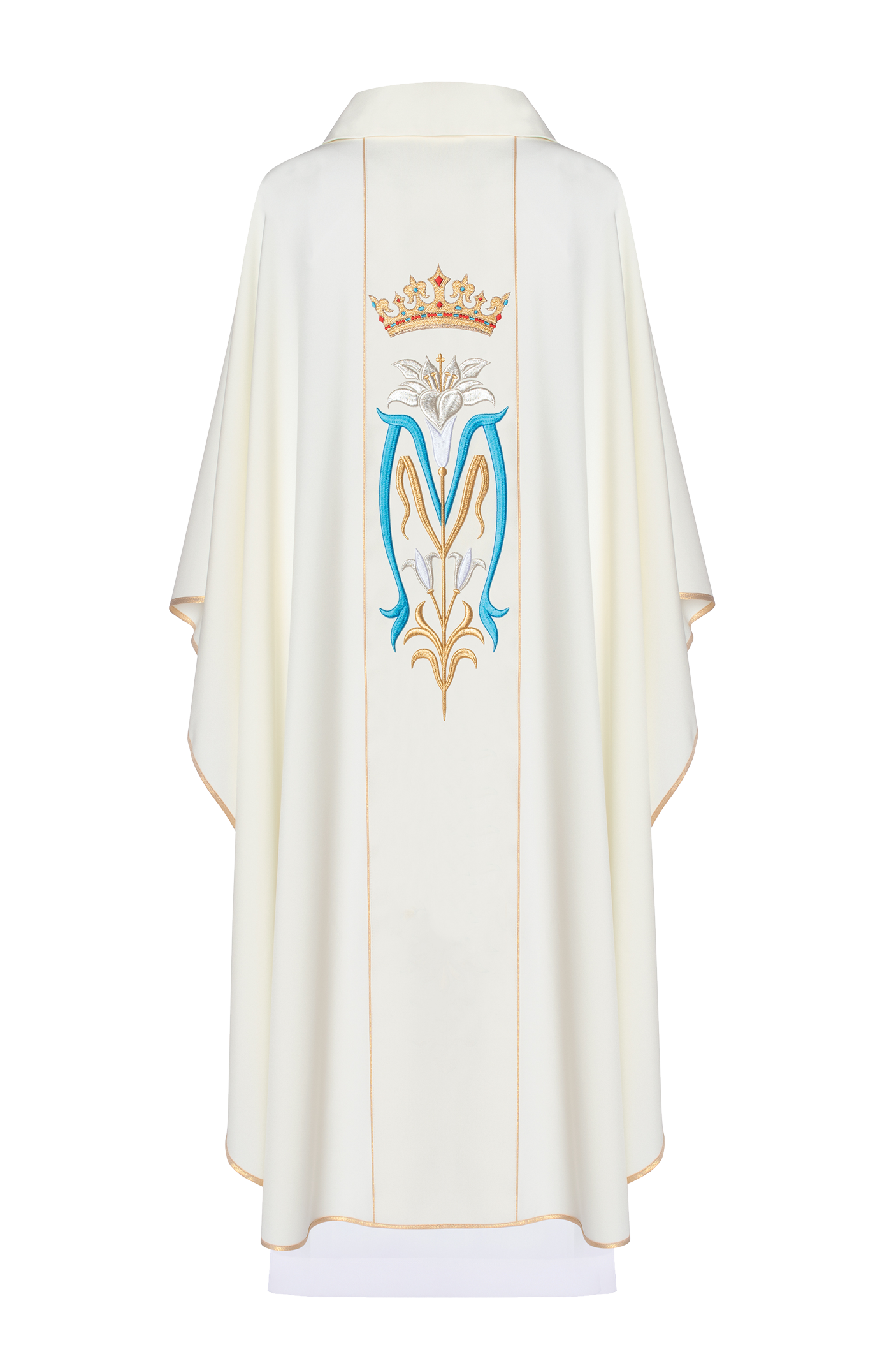 Chasuble liturgique mariale brodée d'une couronne écrue