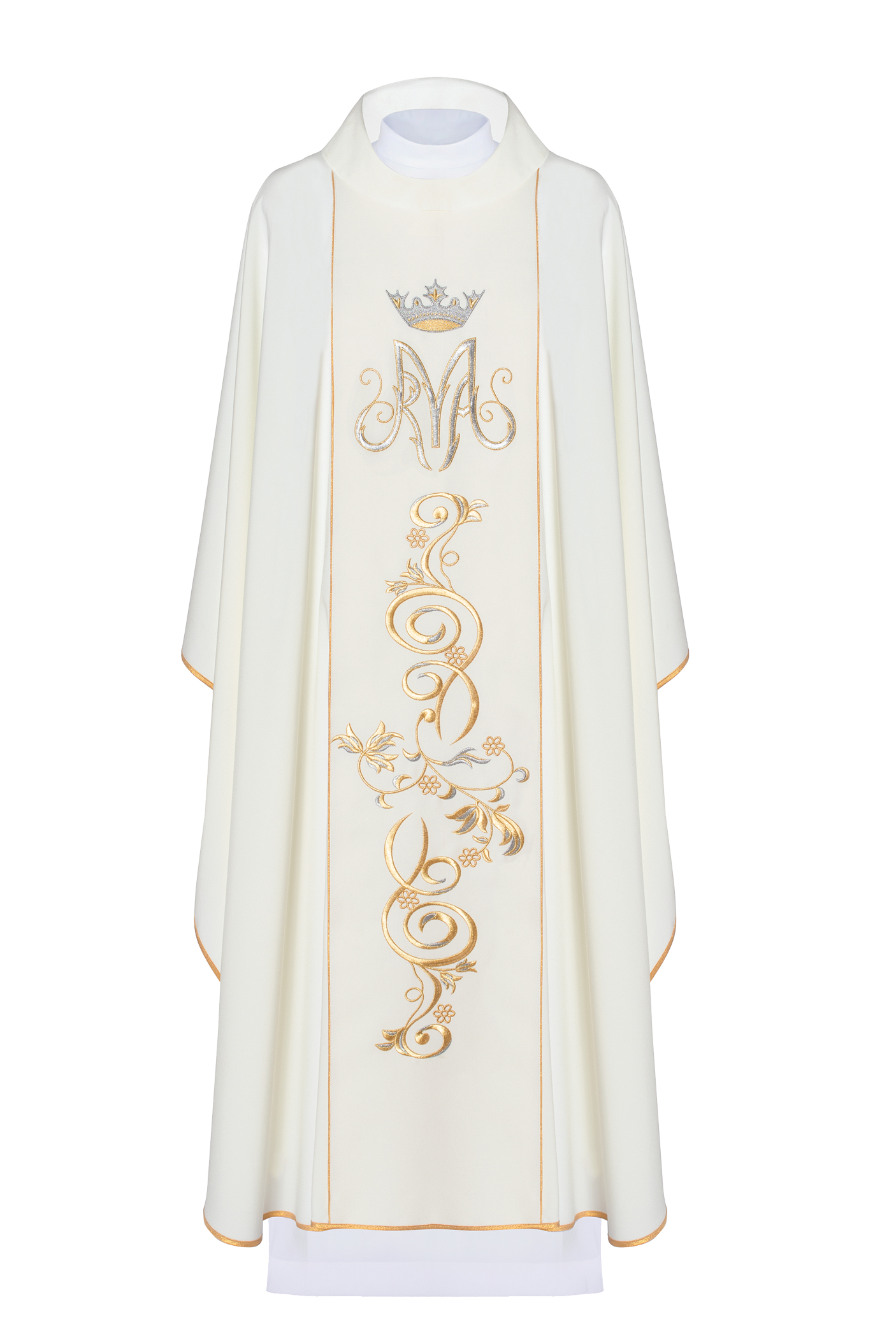 Chasuble liturgique mariale avec ceinture brodée écrue