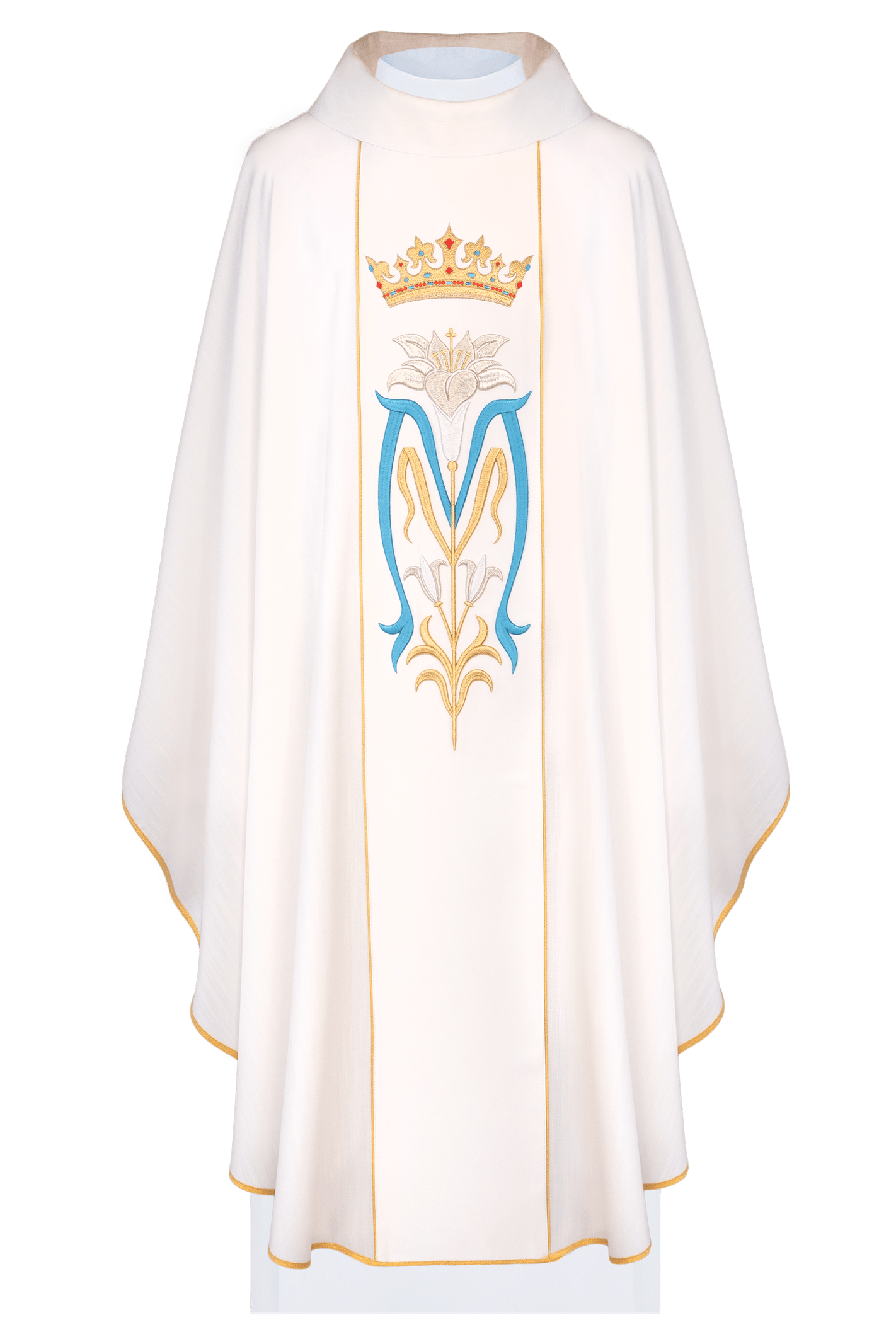 Chasuble liturgique avec couronne brodée de la Vierge Marie