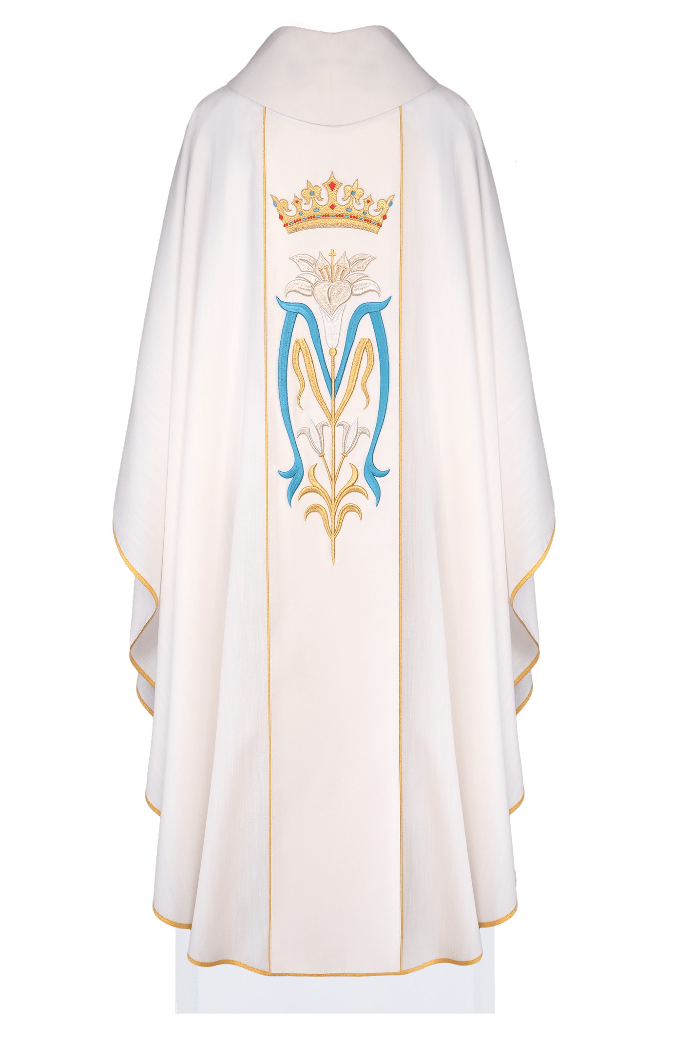 Chasuble liturgique avec couronne brodée de la Vierge Marie