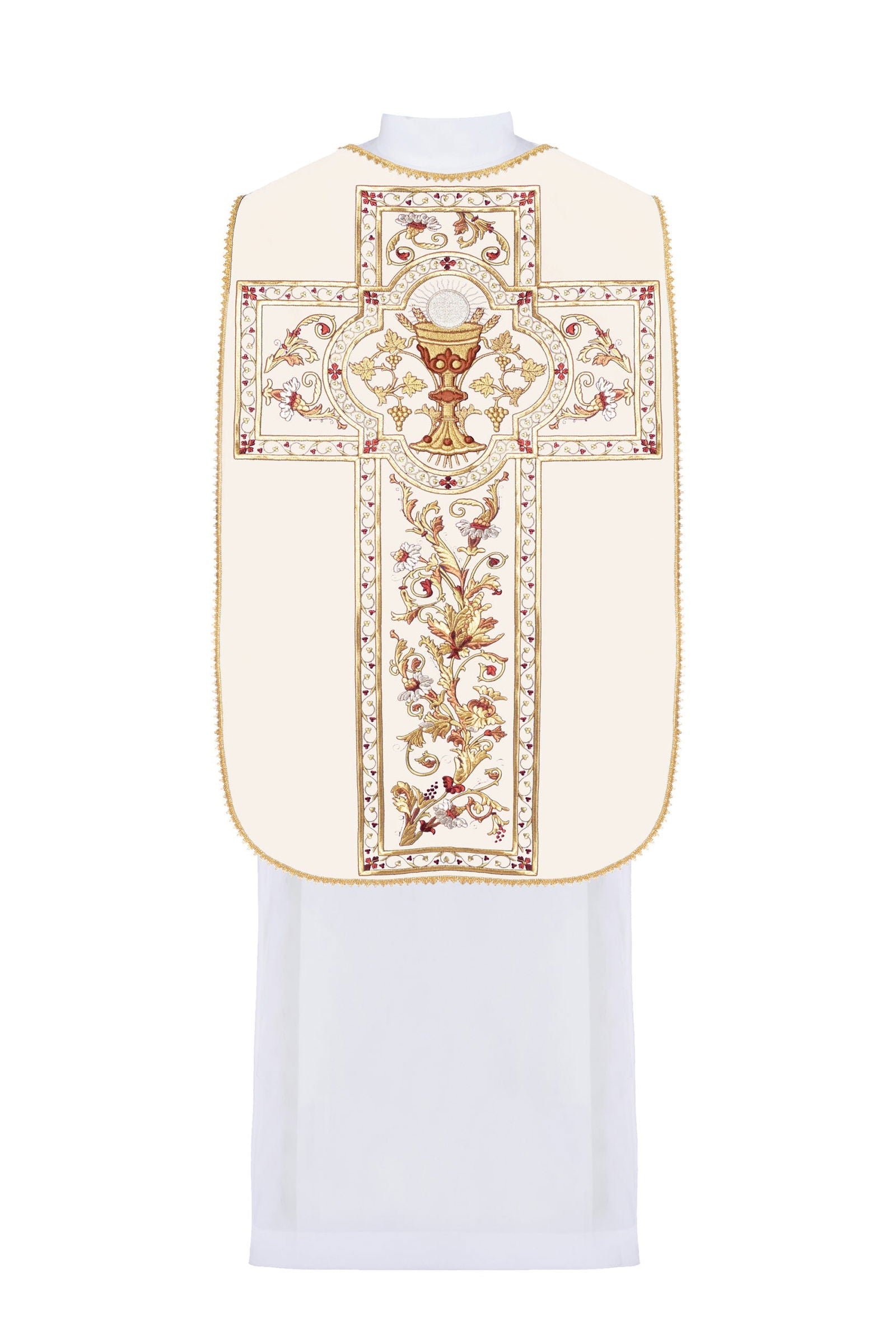 Chasuble romaine brodée d'un motif de calice eucharistique