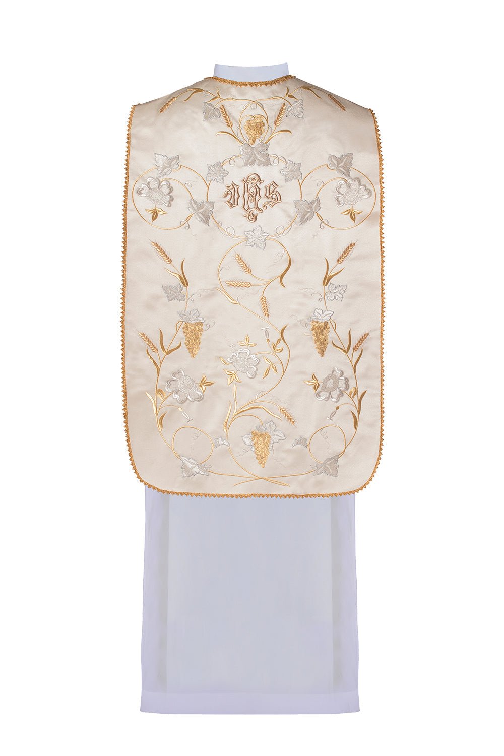 Chasuble romaine IHS avec motif d'oreille et de raisin