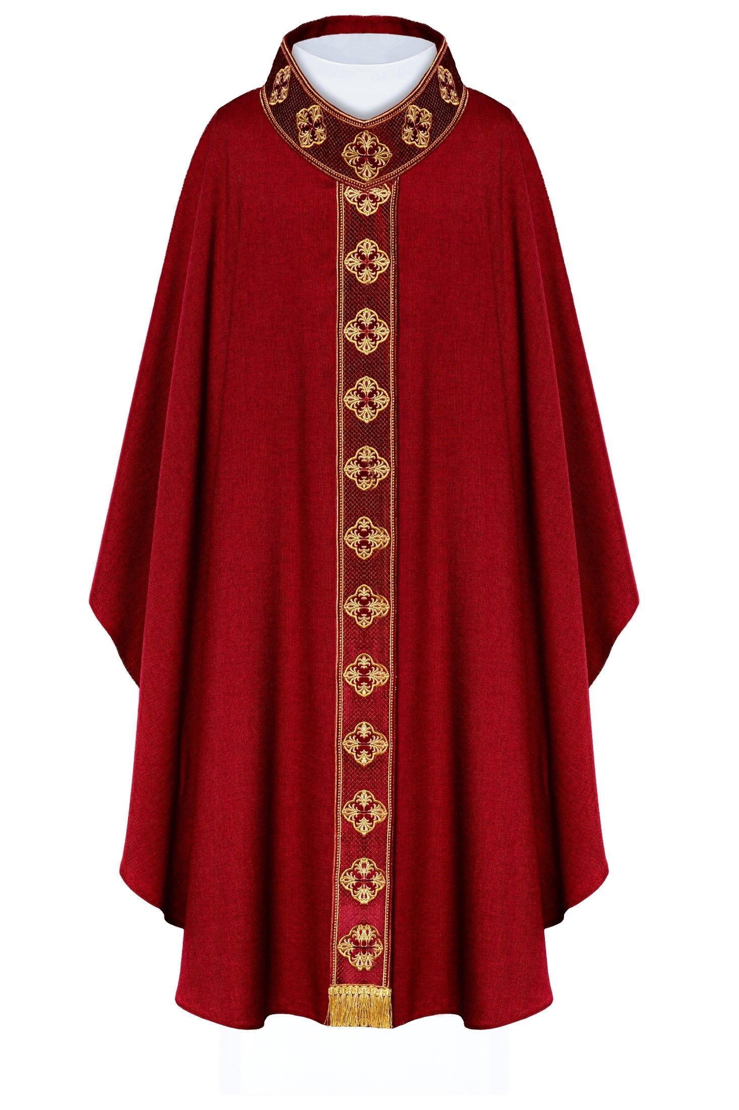 Chasuble rouge avec ceinture brodée et collier croisé