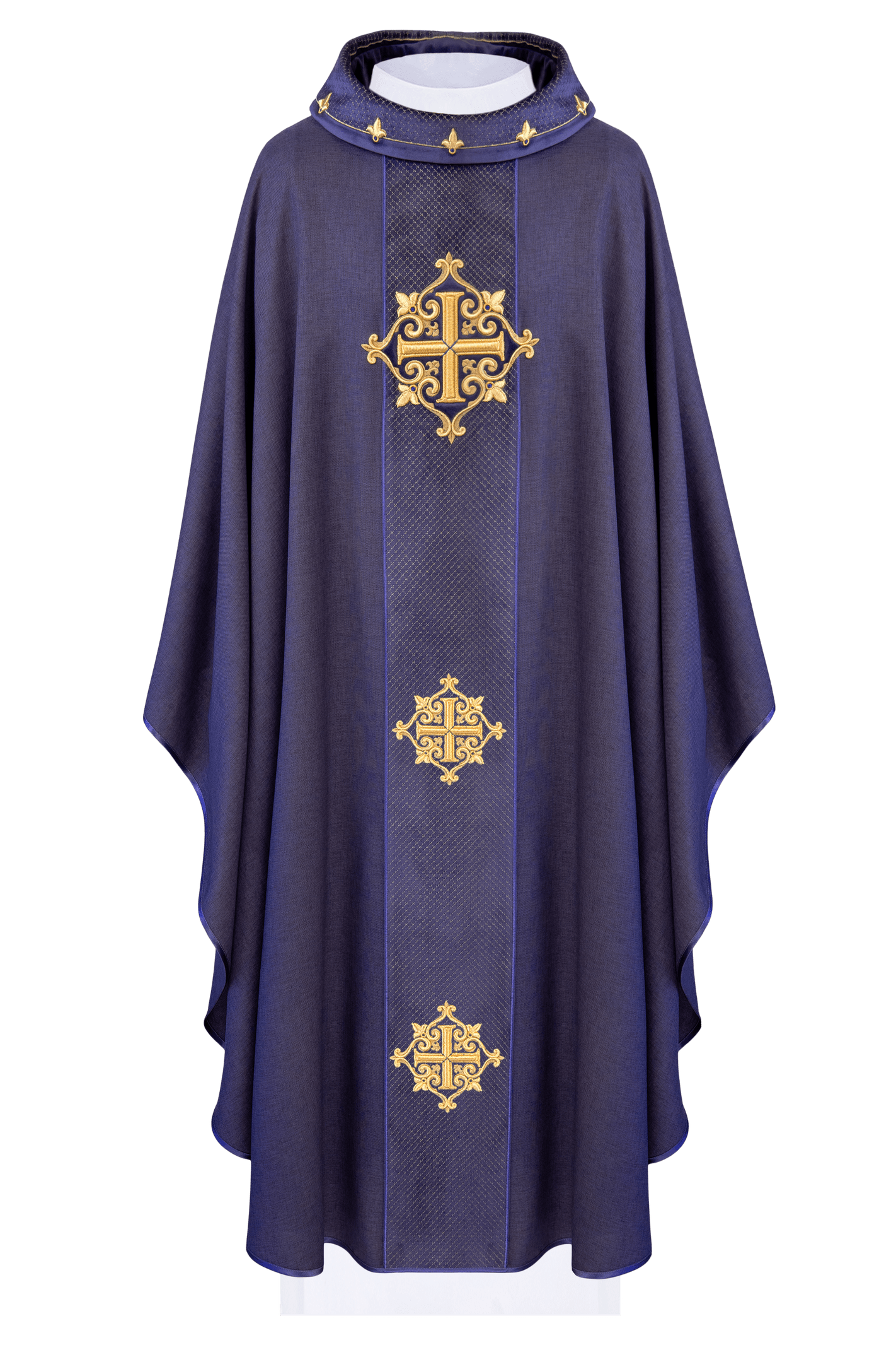 Chasuble avec ceinture de velours violet et broderie de croix