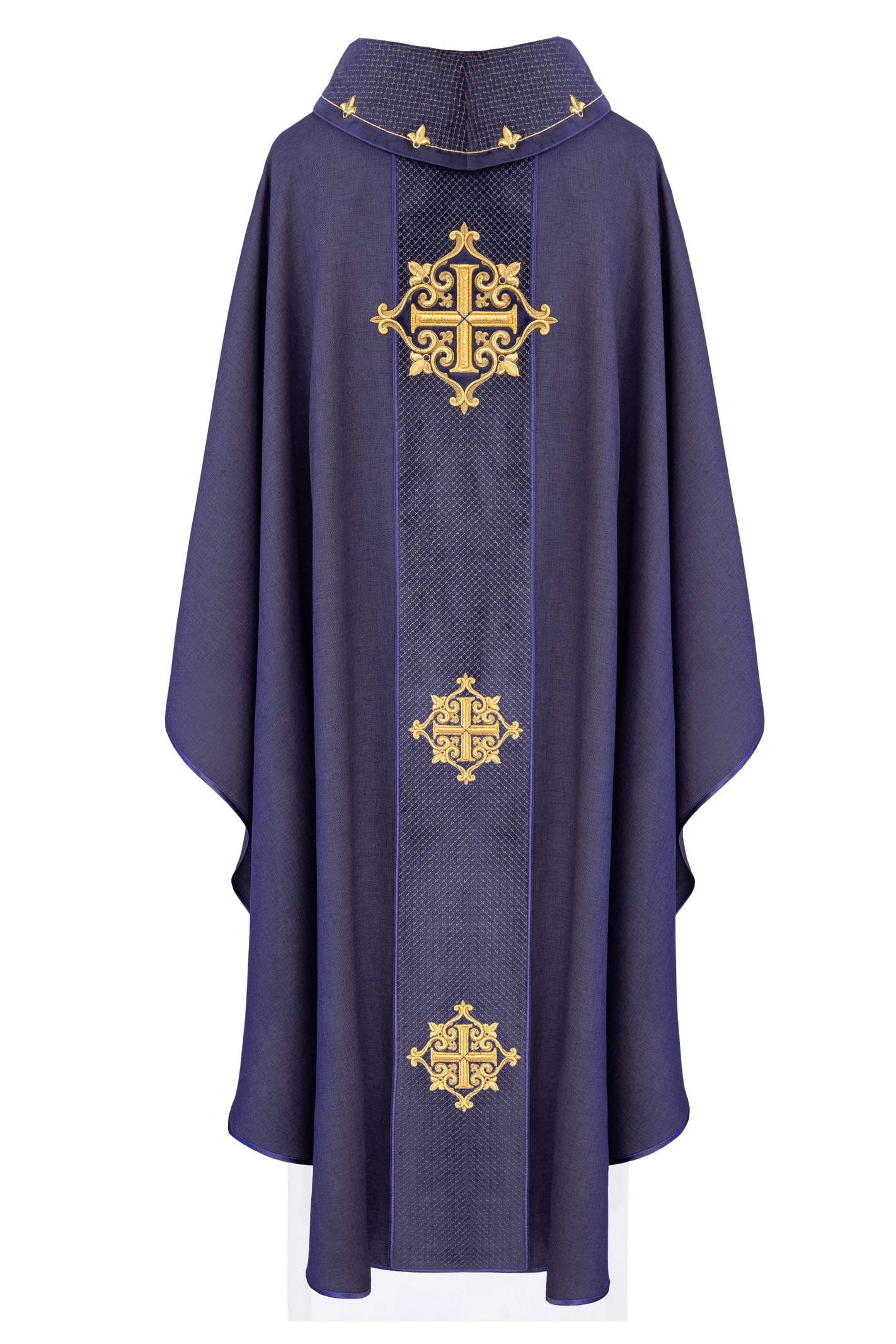 Chasuble avec ceinture de velours violet et broderie de croix