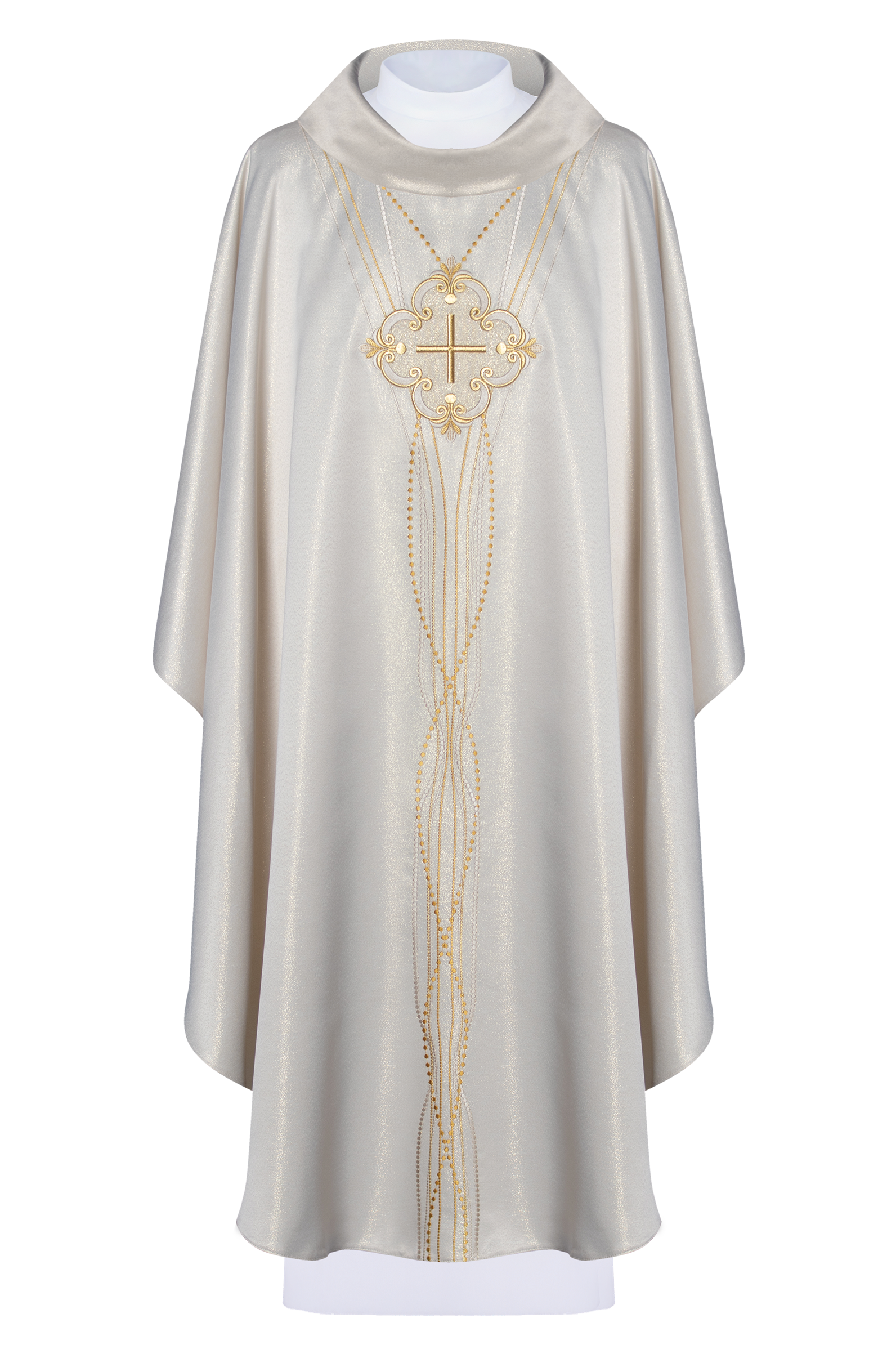 Chasuble d'inspiration rosaire en tissu brillant écru