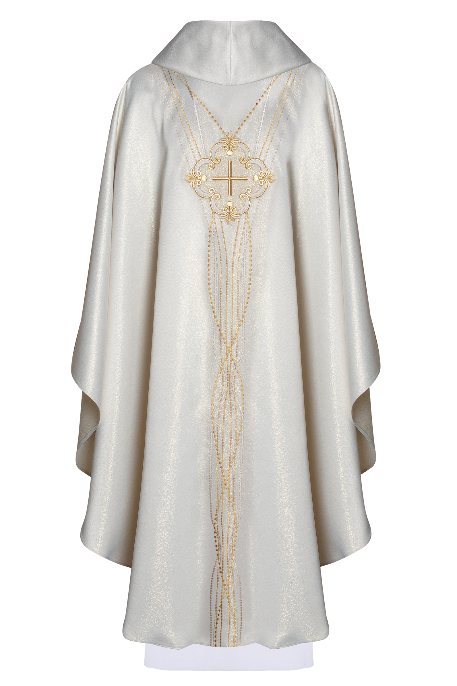 Chasuble d'inspiration rosaire en tissu brillant écru