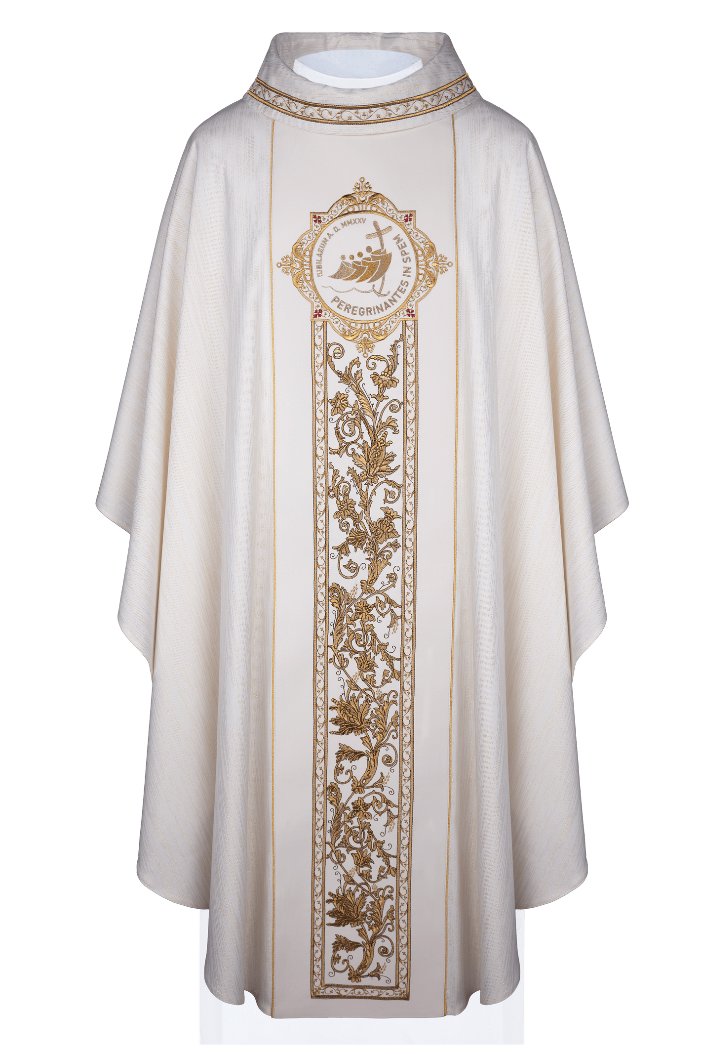 Chasuble avec broderie autour des armoiries du jubilé avec une riche bande écrue