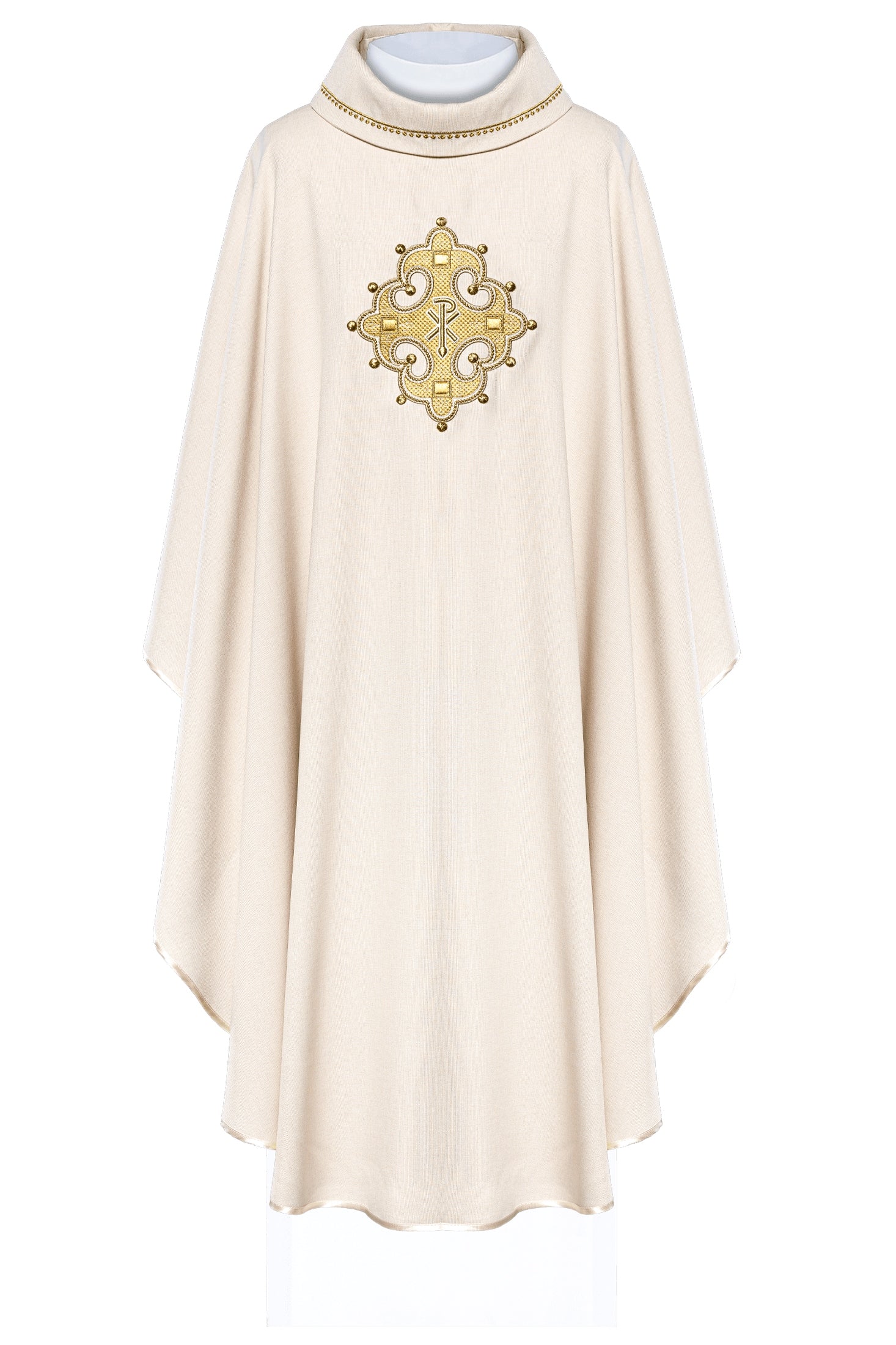 Chasuble avec croix brodée et bordure dorée sur le col en écru