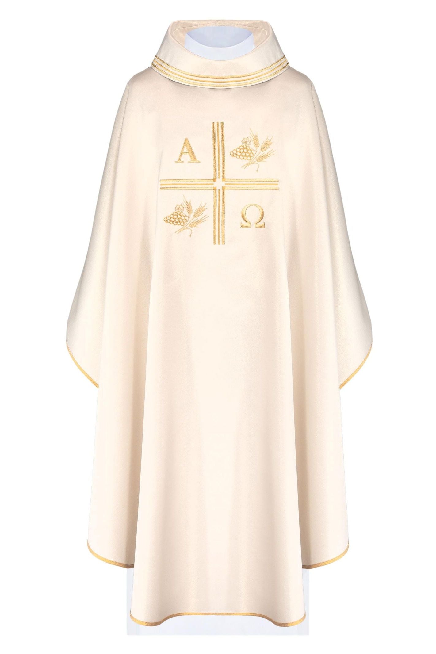 Chasuble avec croix brodée et motifs d'Alpha et d'Oméga et oreilles de couleur écrue