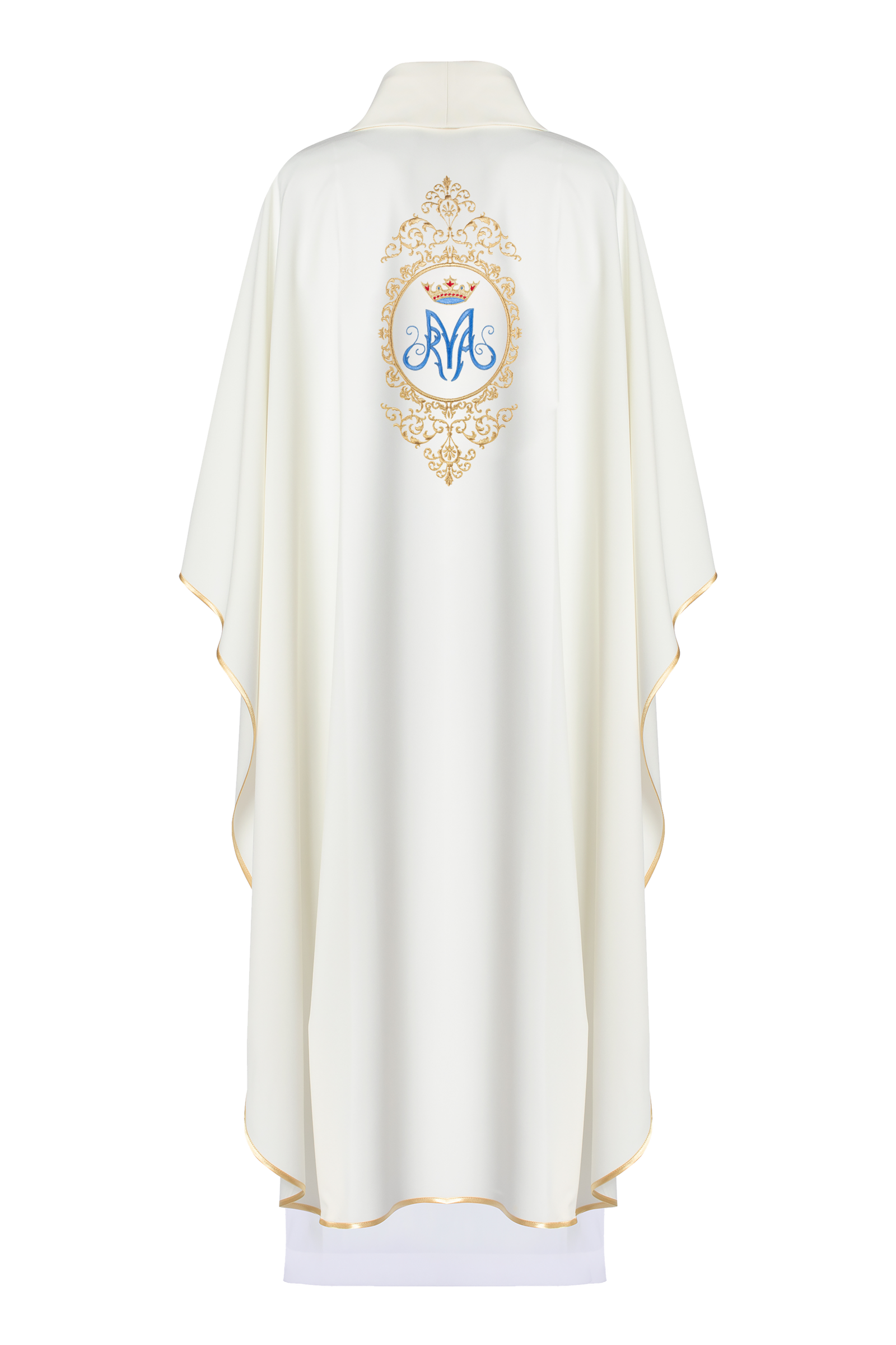 Chasuble avec motif marial entouré de broderies dorée