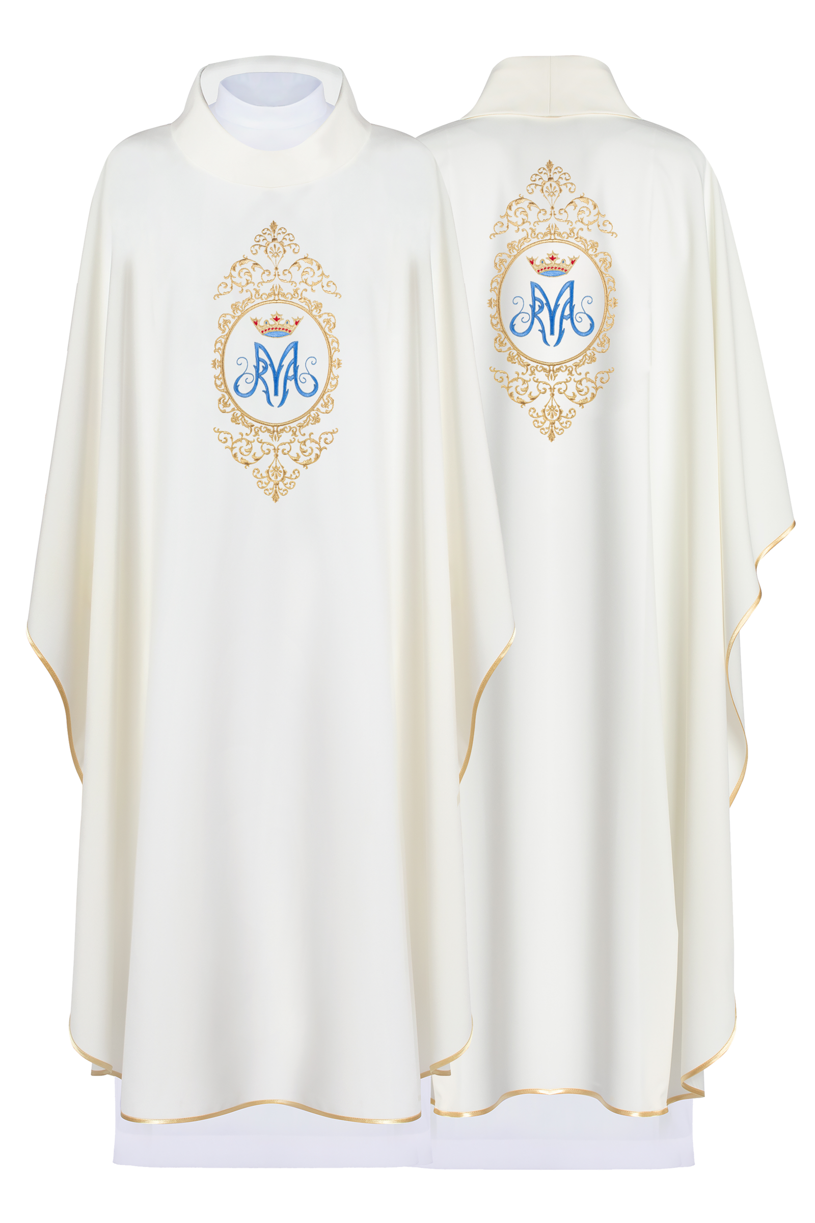 Chasuble avec motif marial entouré de broderies dorée