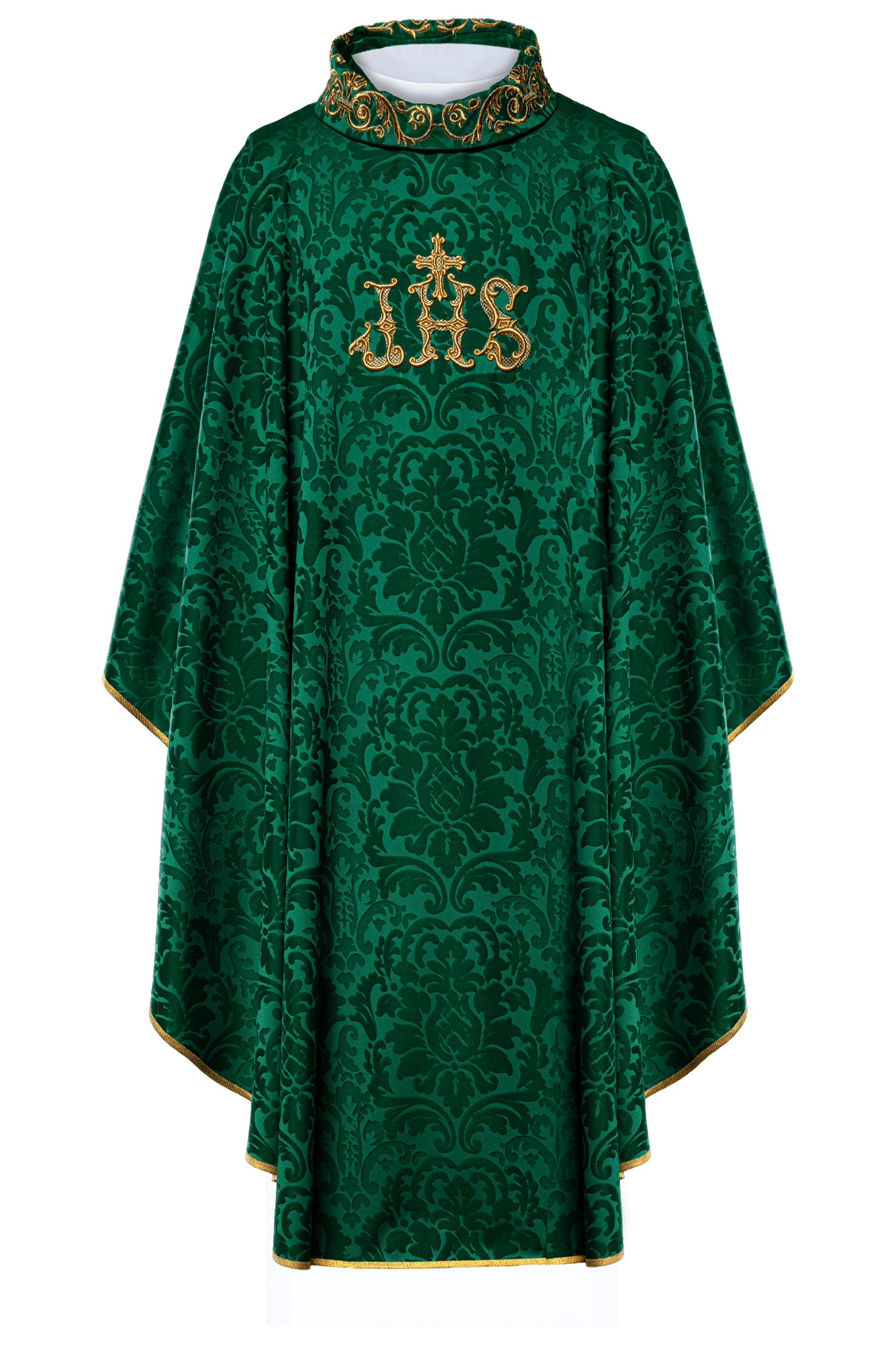 Chasuble verte avec motif IHS et col richement brodé sur tissu décoratif