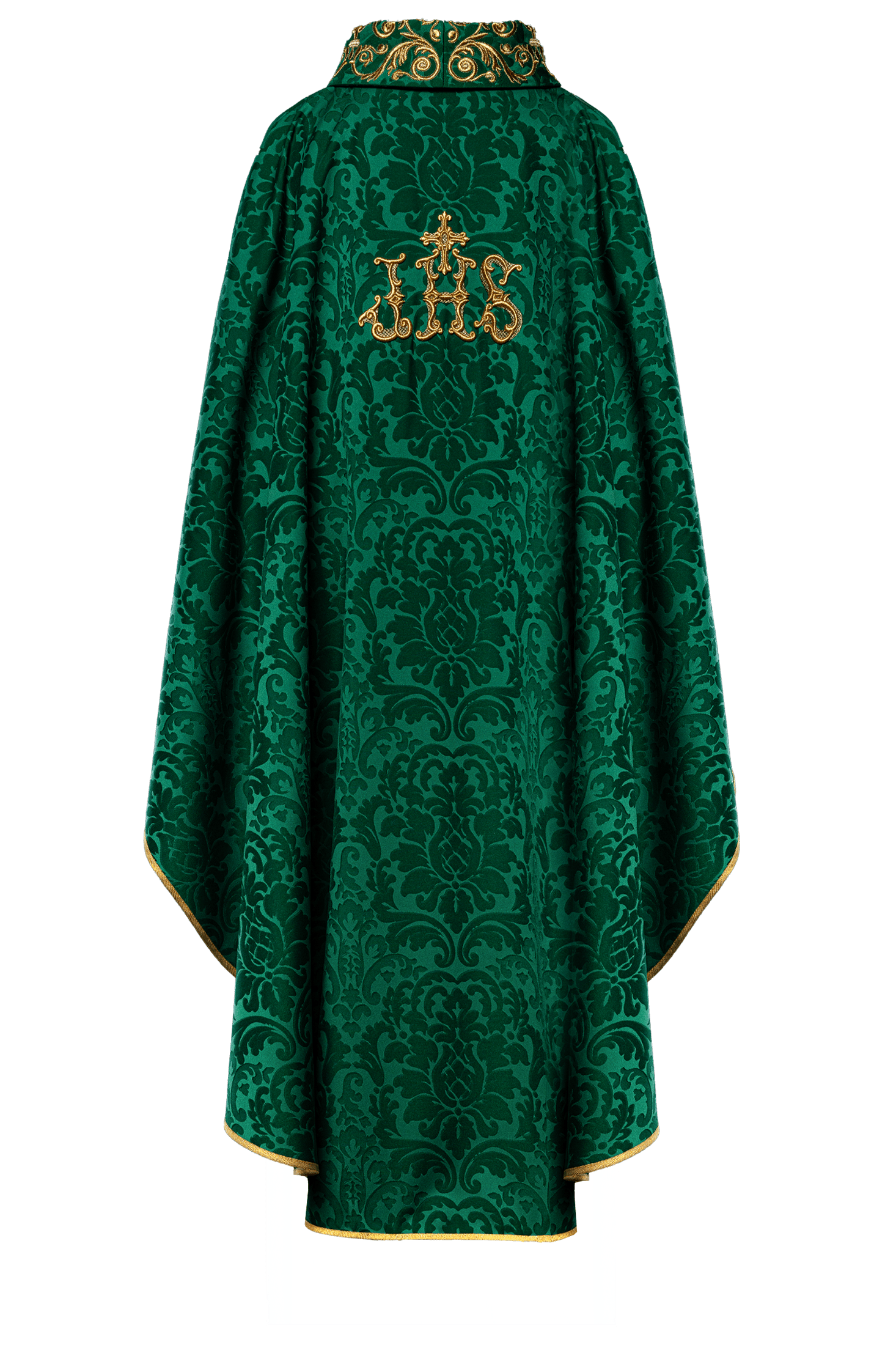 Chasuble verte avec motif IHS et col richement brodé sur tissu décoratif