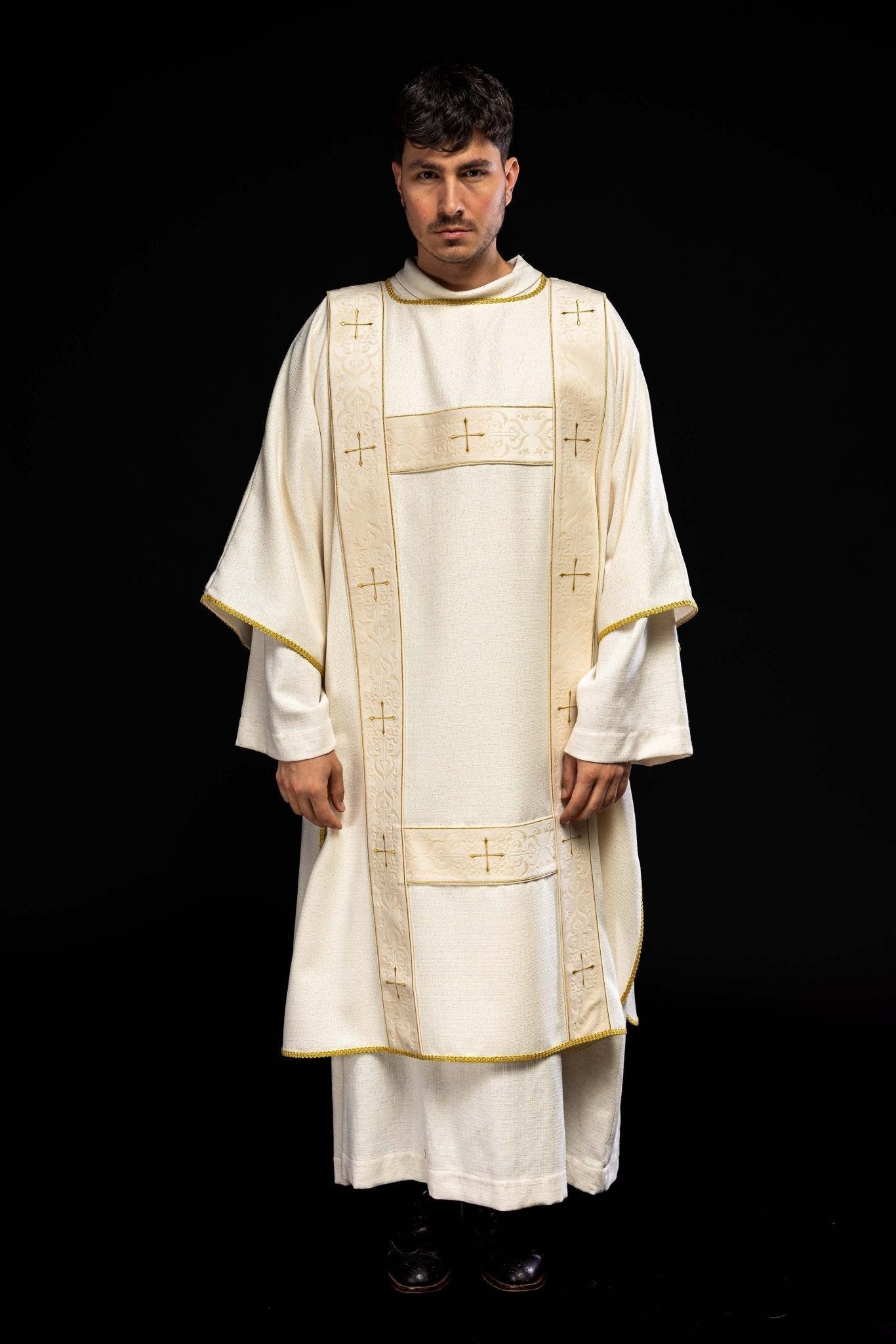 Rideau à rayures de velours et croix dorées brodées, écru KDL/395/05/71/B - CHASUBLES.FR
