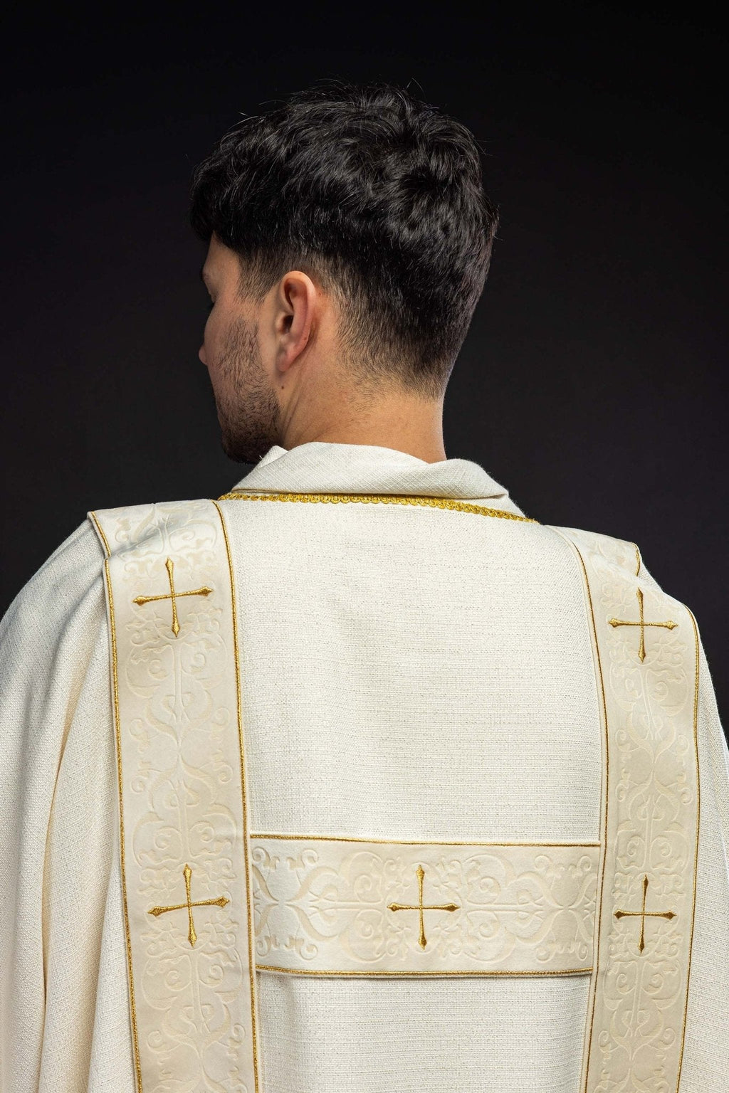 Rideau à rayures de velours et croix dorées brodées, écru KDL/395/05/71/B - CHASUBLES.FR