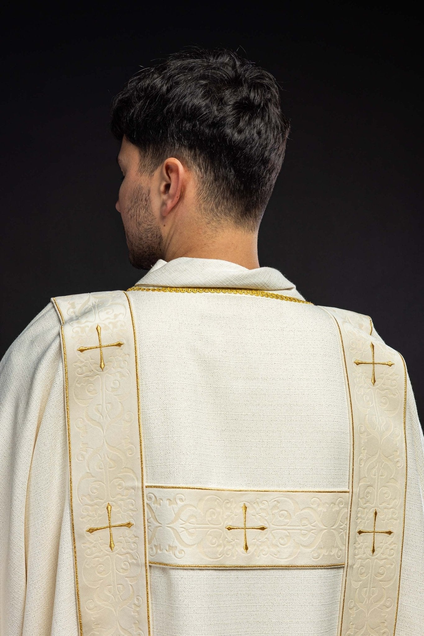 Rideau à rayures de velours et croix dorées brodées, écru KDL/395/05/71/B - CHASUBLES.FR