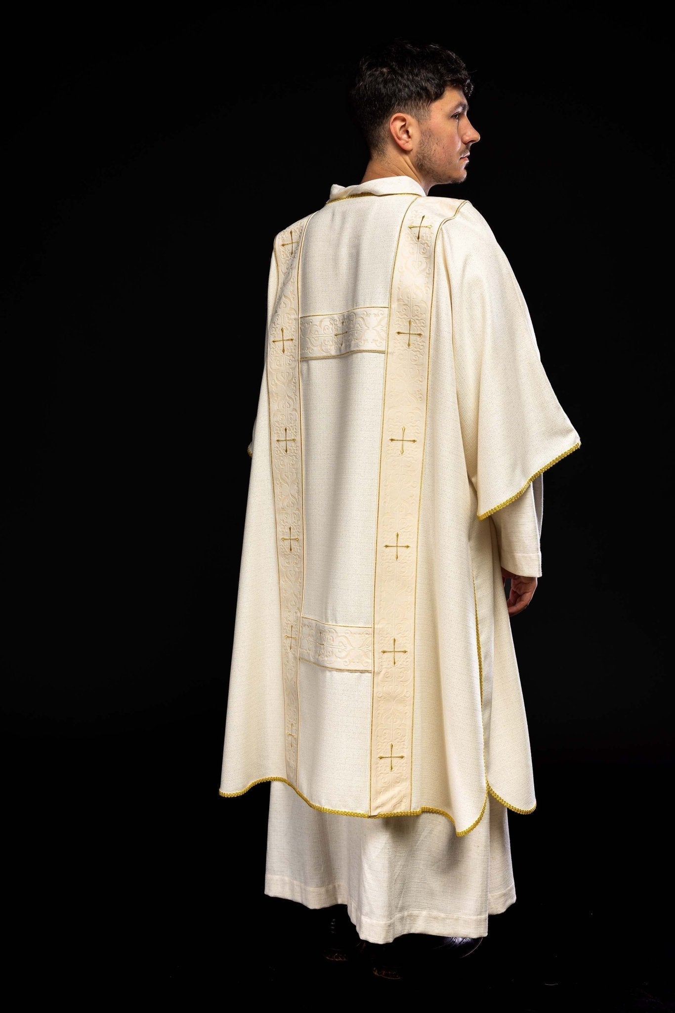 Rideau à rayures de velours et croix dorées brodées, écru KDL/395/05/71/B - CHASUBLES.FR