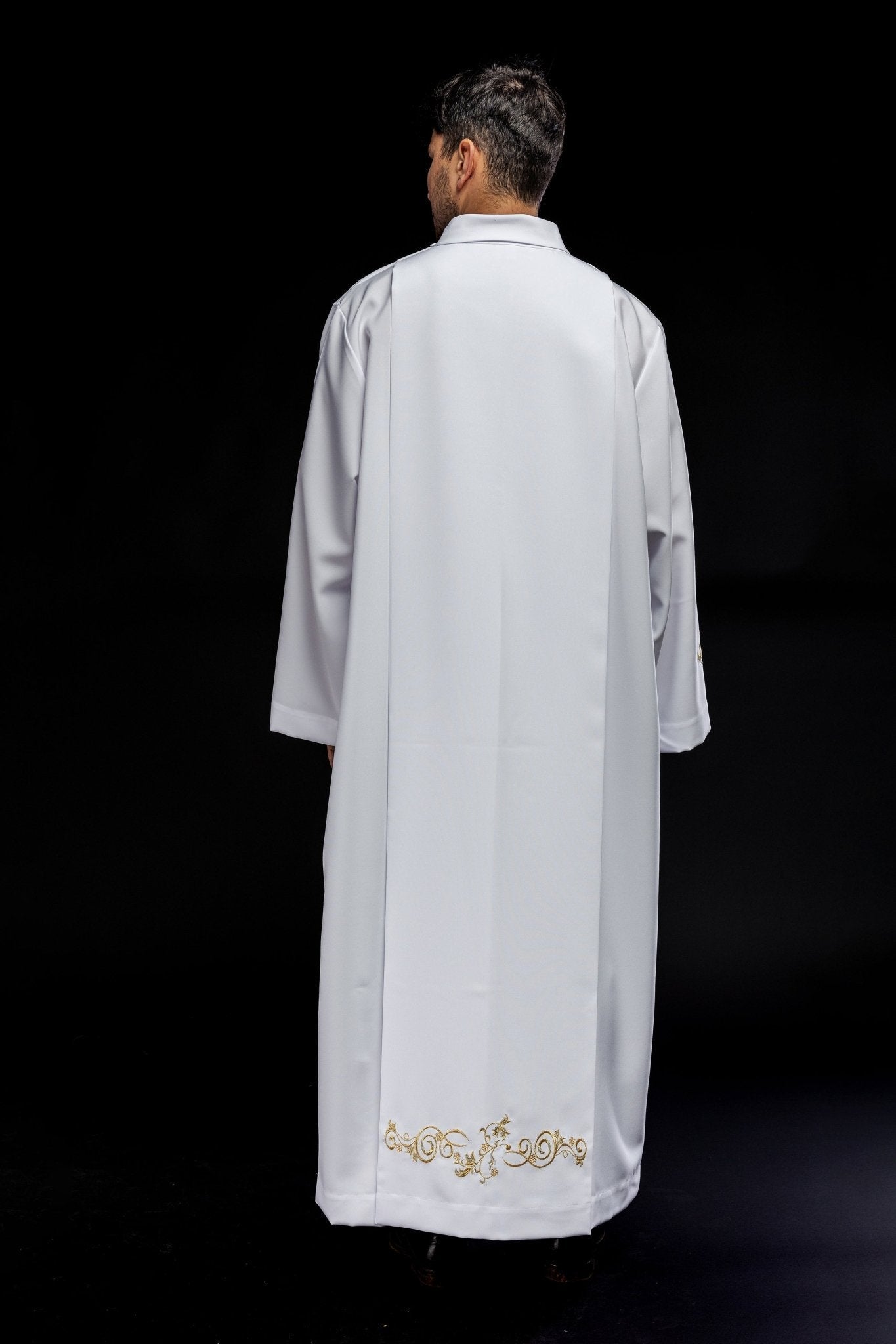 Robe de prêtre unie à col roulé Broderie blanche décorative KAB/003/04/12 135cm/164cm - CHASUBLES.FR