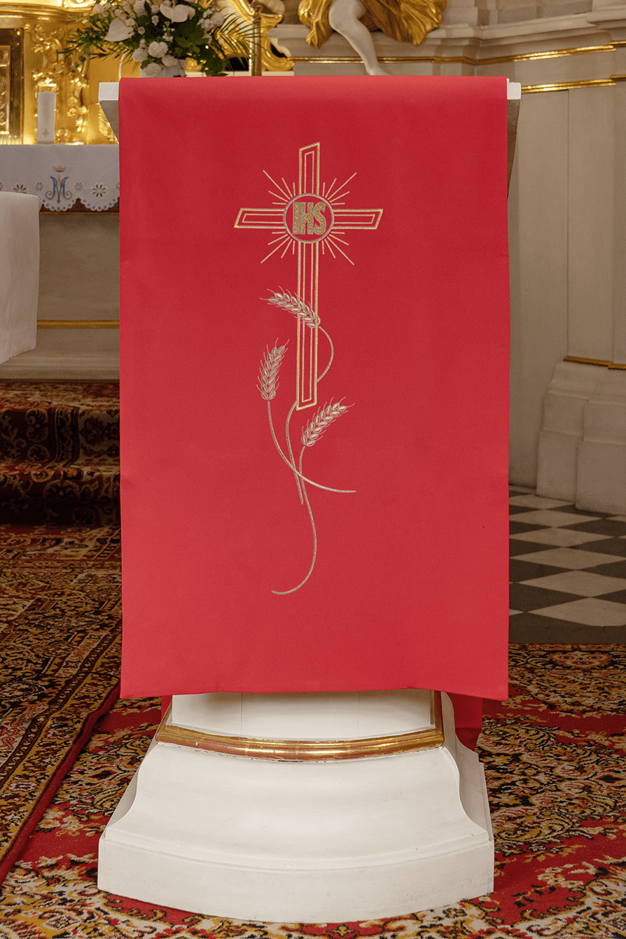 Rouge voile de lutrin brodée avec croix et motif IHS KMO/002/02/01 CZERWONY 55*250 - CHASUBLES.FR