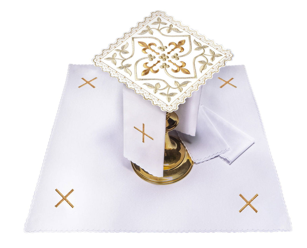 Service de calice avec motif de croix avec ornements dorés et motif floral brode S - 5559 - CHASUBLES.FR