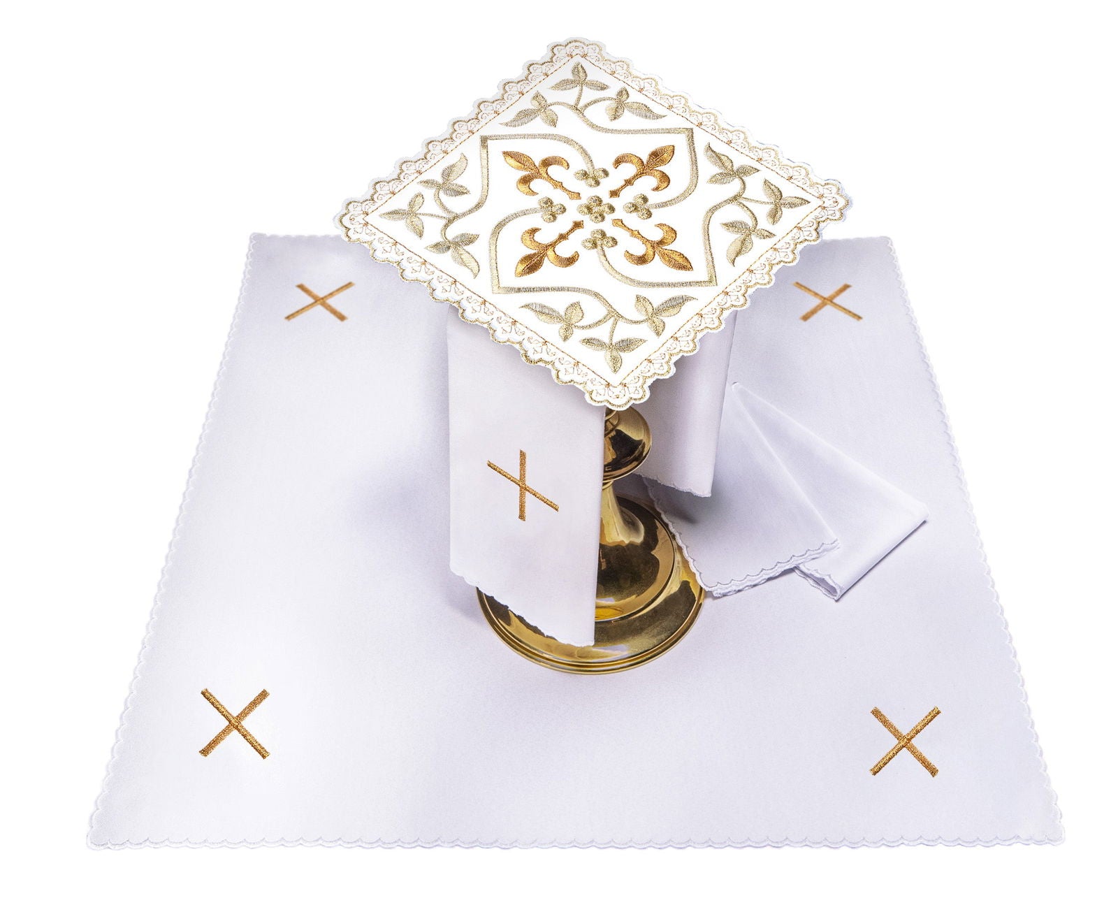 Service de calice avec motif de croix avec ornements dorés et motif floral brode S - 5559 - CHASUBLES.FR