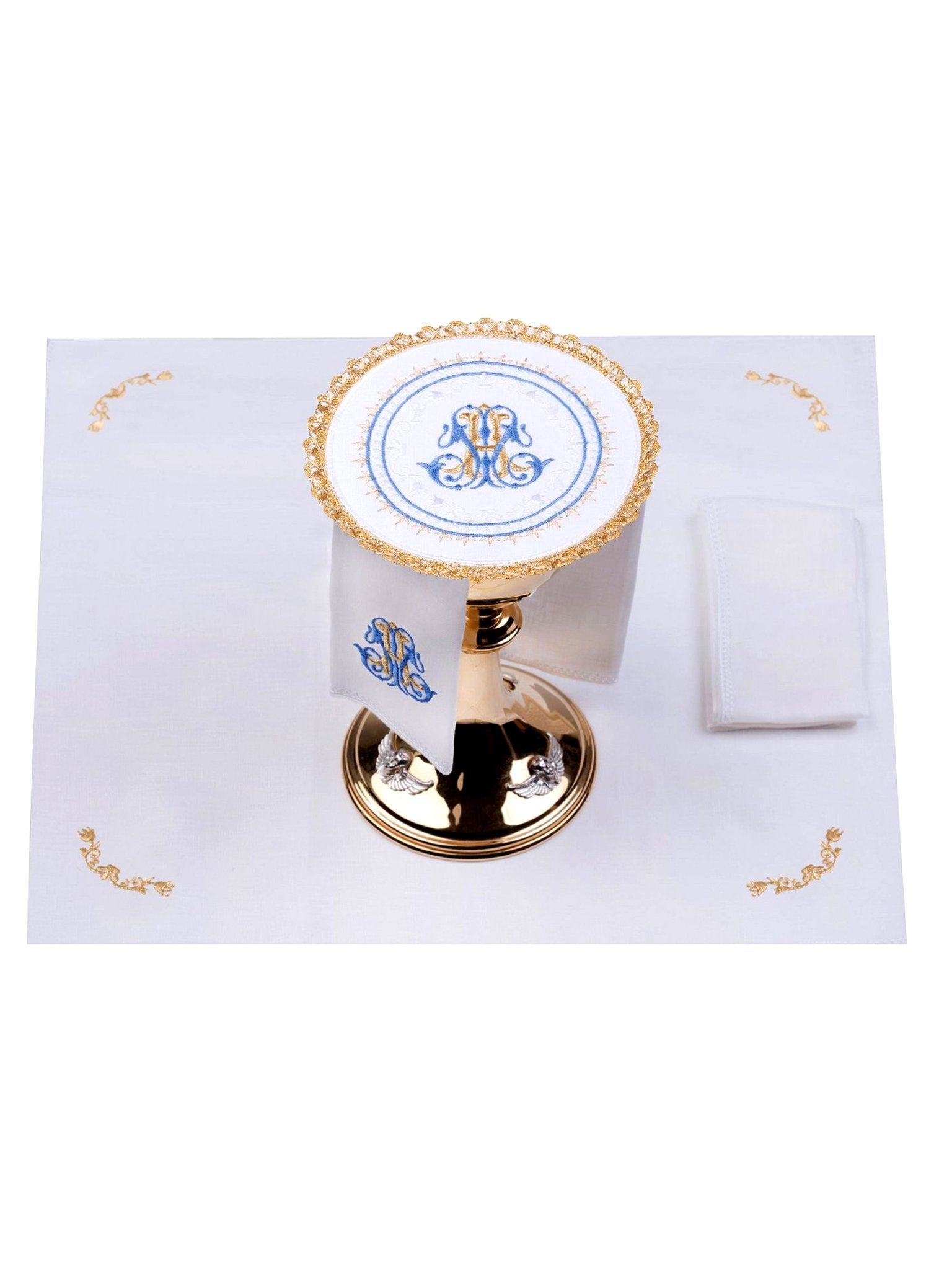 Set de calice en lin avec broderie eucharistique Marianne sur pied rond S - 5007 - CHASUBLES.FR