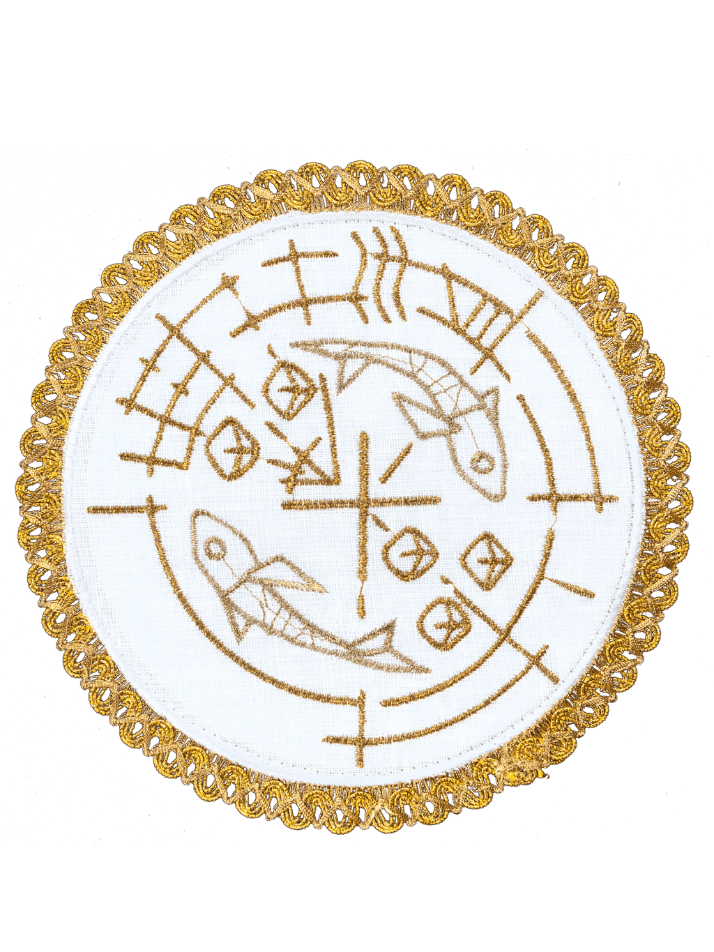 Set de tasses en lin avec motif de poisson, de pain et de croix sur pied rond S - 5023 - CHASUBLES.FR