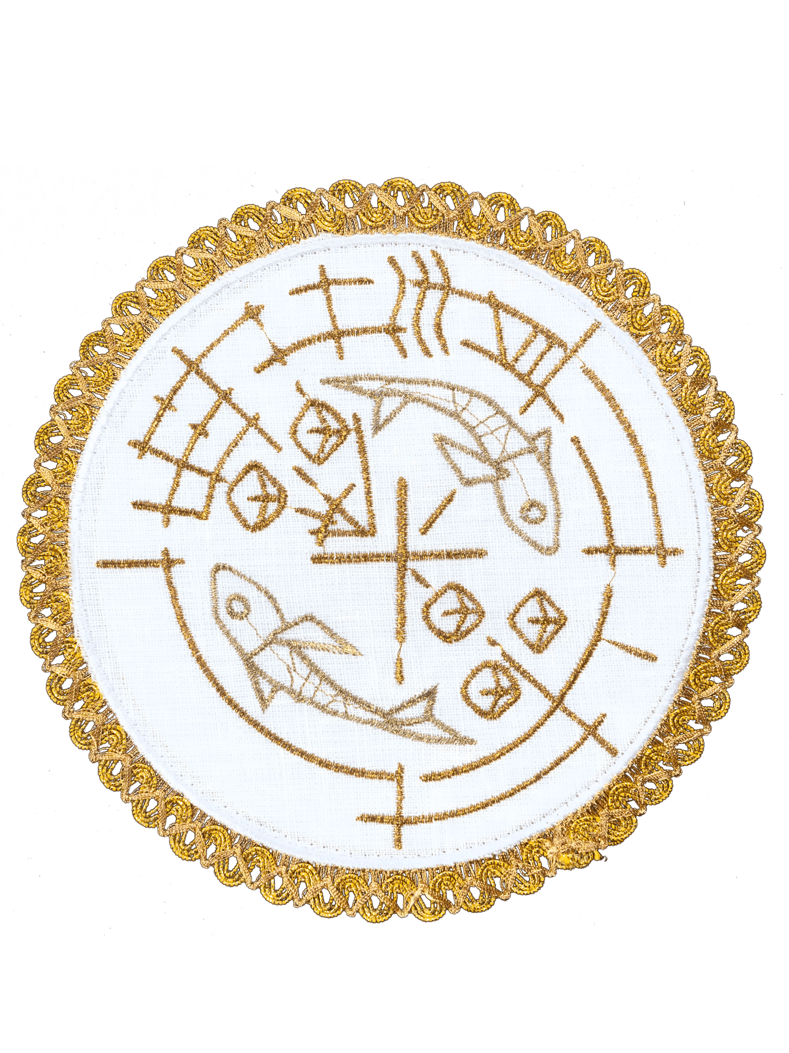Set de tasses en lin avec motif de poisson, de pain et de croix sur pied rond S - 5023 - CHASUBLES.FR