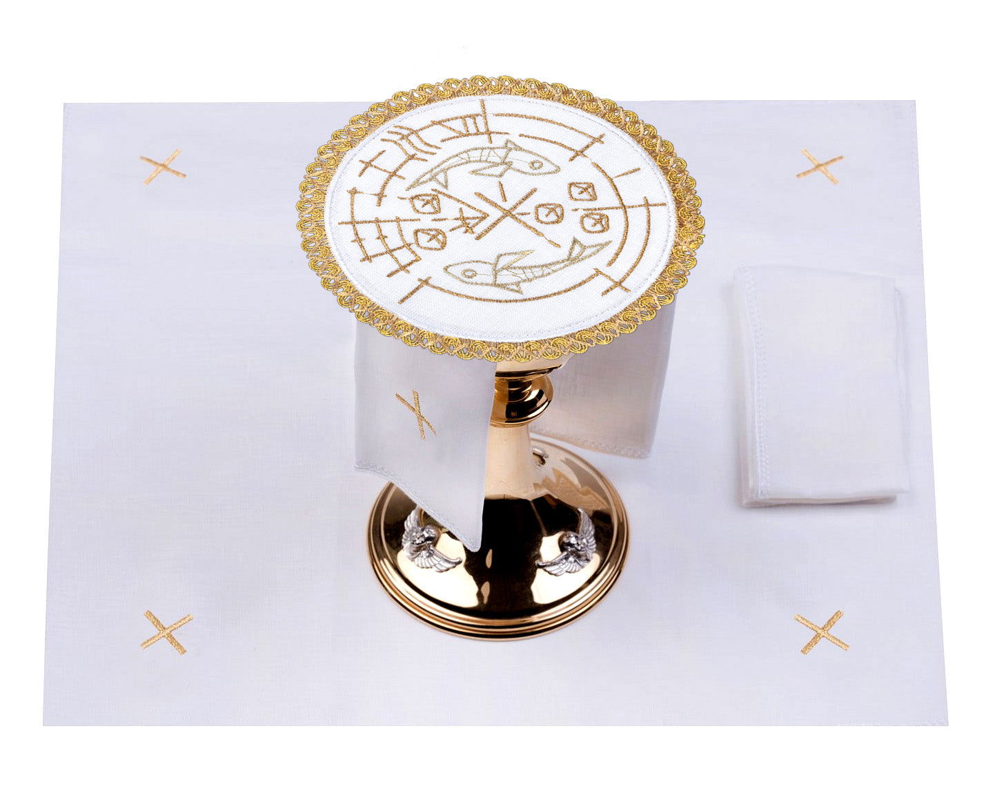 Set de tasses en lin avec motif de poisson, de pain et de croix sur pied rond S - 5023 - CHASUBLES.FR