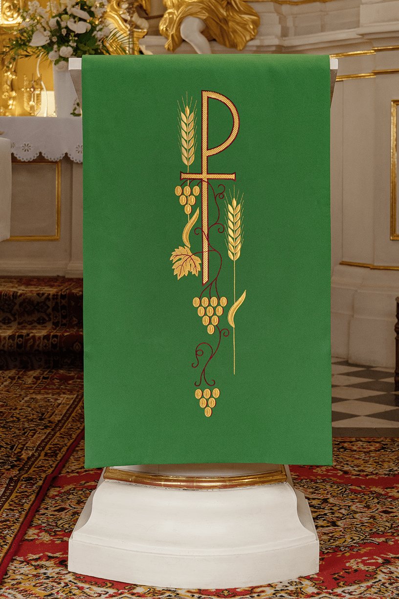Vert voile de lutrin avec symbole PAX brodé KMO/001/01/01 ZIELONY 55*250 - CHASUBLES.FR