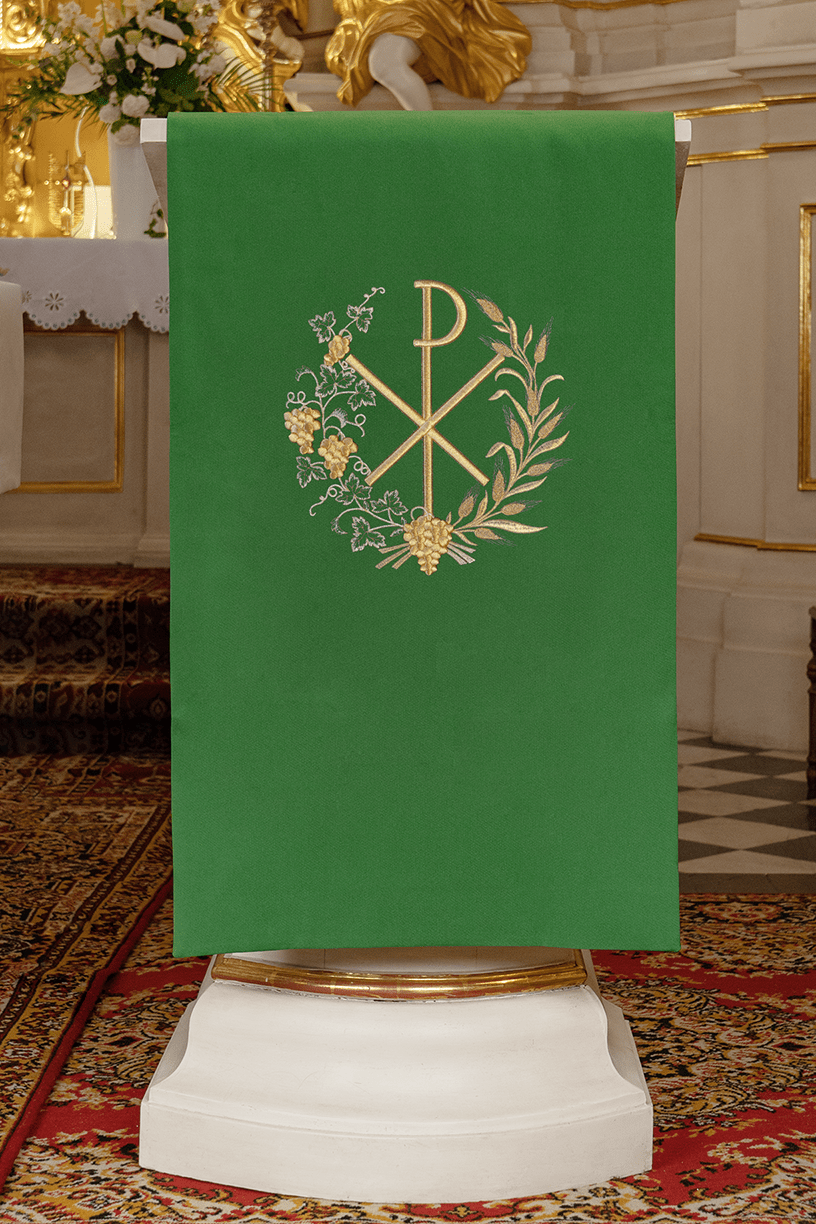 Vert voile de lutrin brodée avec motif PAX KMO/012/01/01 ZIELONY 55*250 - CHASUBLES.FR