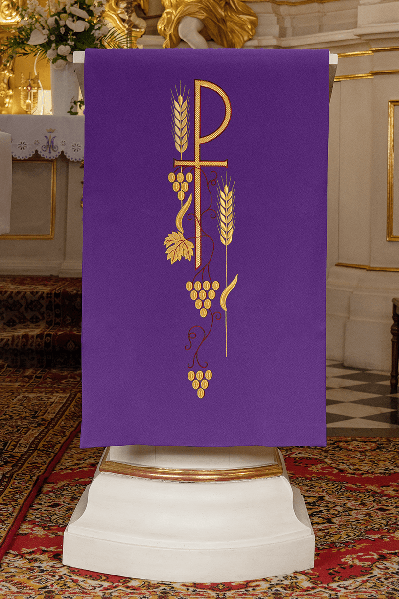 Violet voile de lutrin avec symbole PAX brodé KMO/001/03/01 FIOLET 55*250 - CHASUBLES.FR