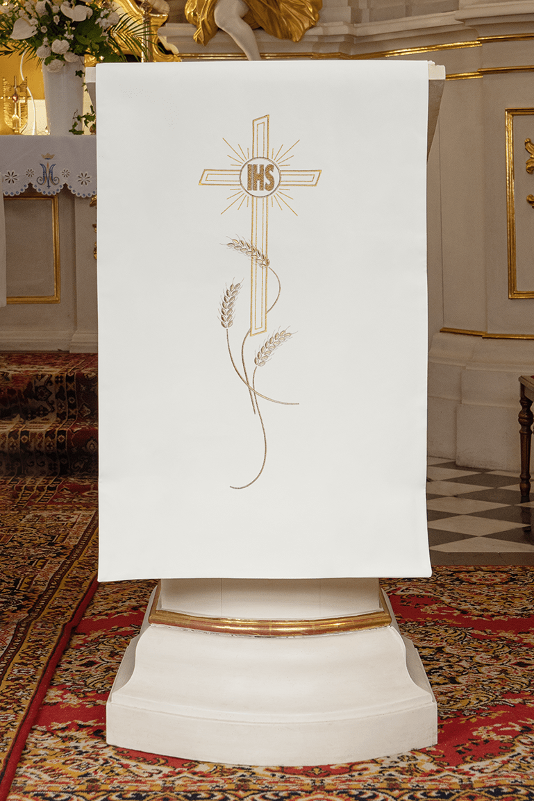 Voile de lutrin brodée avec croix et motif IHS ecru KMO/002/05/01 ECRU 55*250 - CHASUBLES.FR
