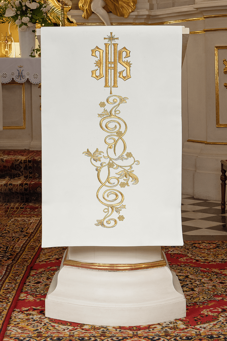 Voile de lutrin brodée avec motif IHS ecru KMO/018/05/01 ECRU 55*250 - CHASUBLES.FR