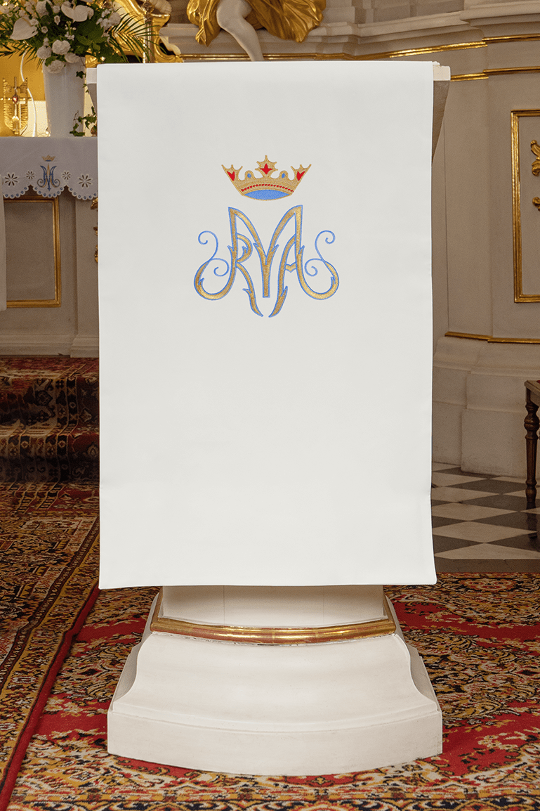 Voile de lutrin brodée avec motif marial ecru KMO/009/05/01 ECRU 55*250 - CHASUBLES.FR