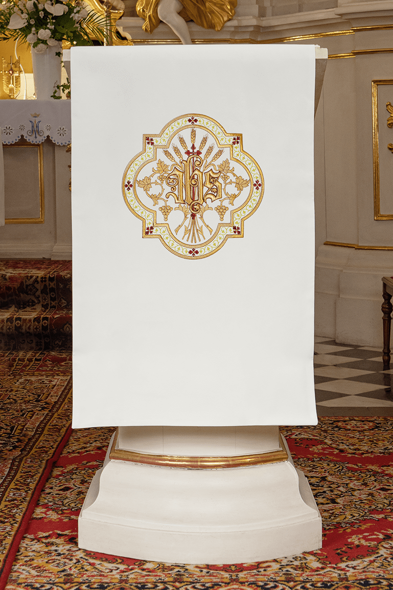 Voile de lutrin brodée or I JHS ecru KMO/004/05/01 ECRU 55*250 - CHASUBLES.FR