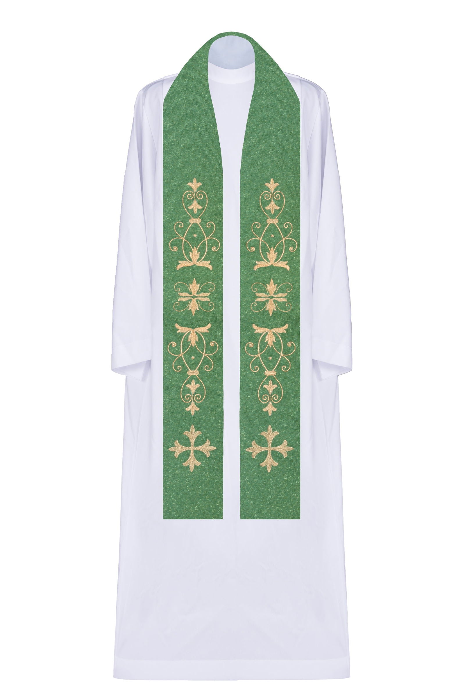 Étole verte avec croix brodée et motif floral