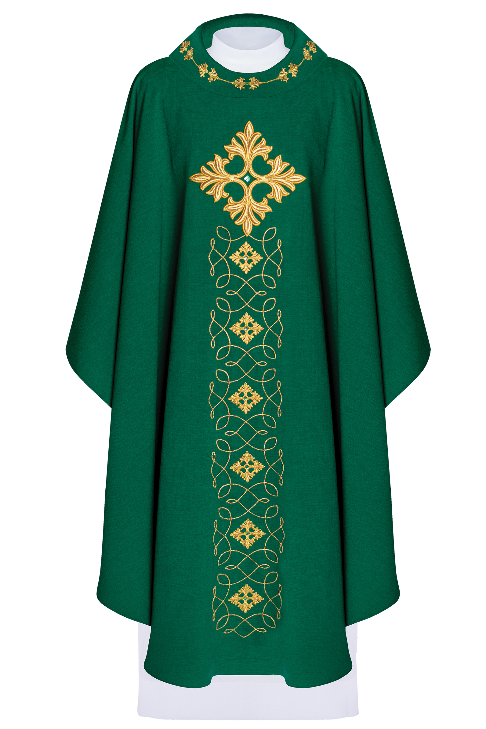 Chasuble verte richement brodée de cordes et de pierres