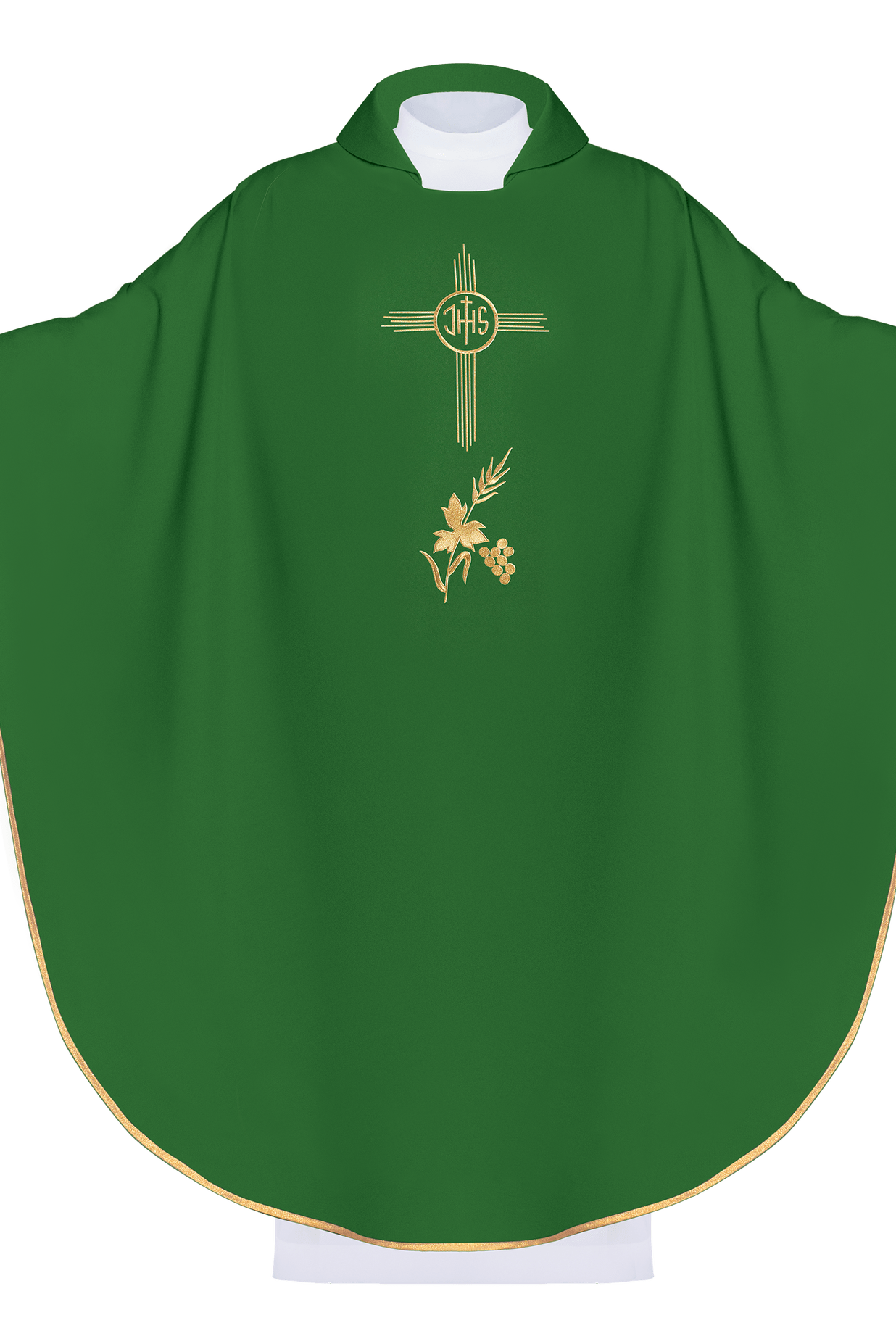 Chasuble brodée verte avec col large et motif IHS