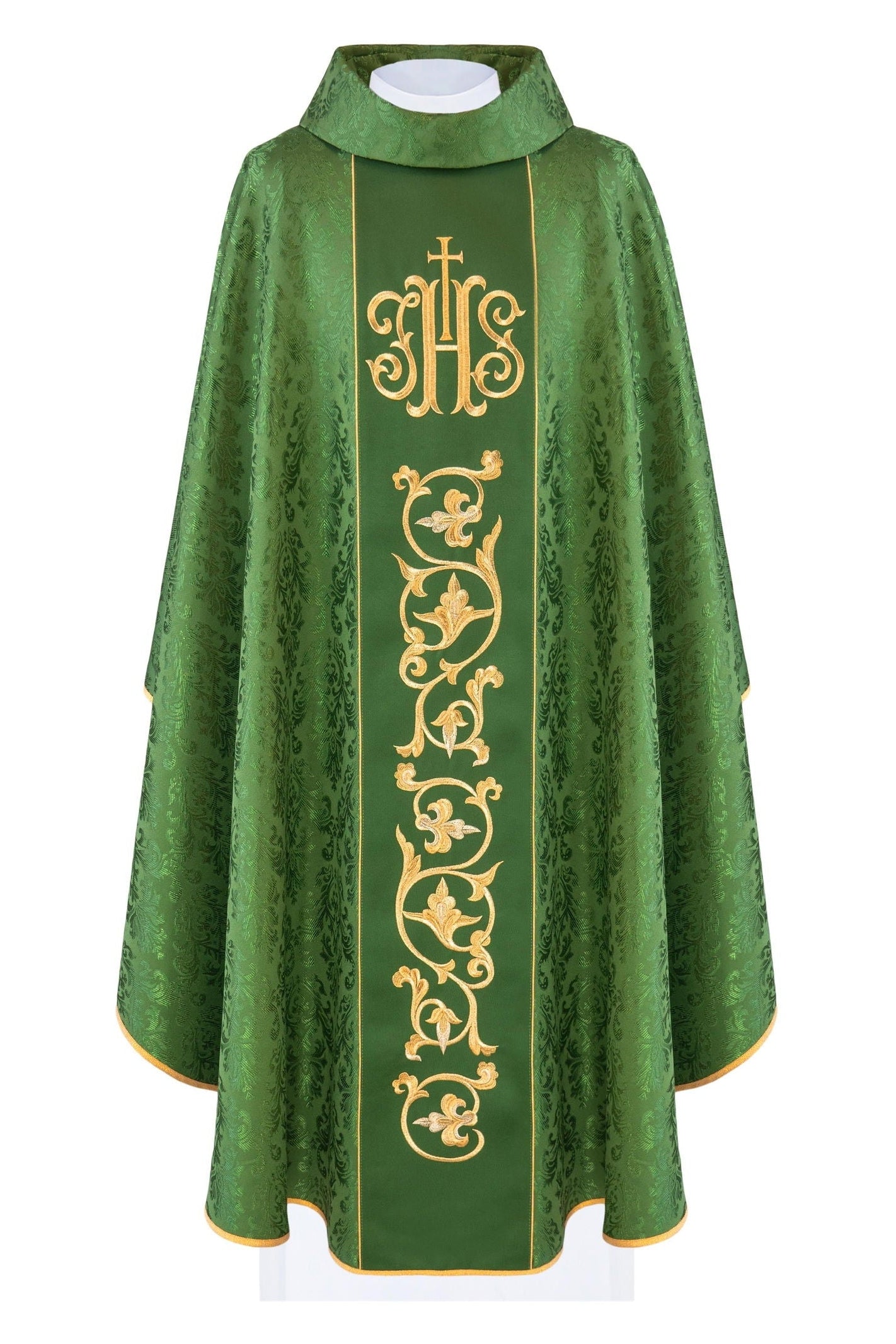 Chasuble liturgique verte avec ceinture IHS richement décorée