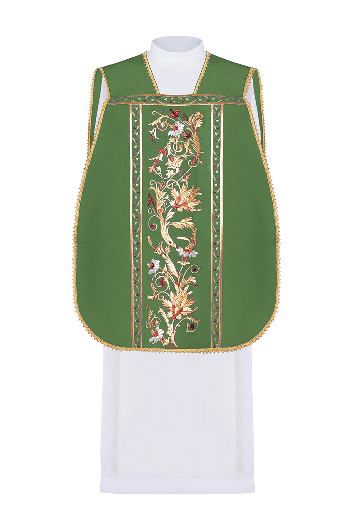 Chasuble romaine verte brodée d'un motif IHS