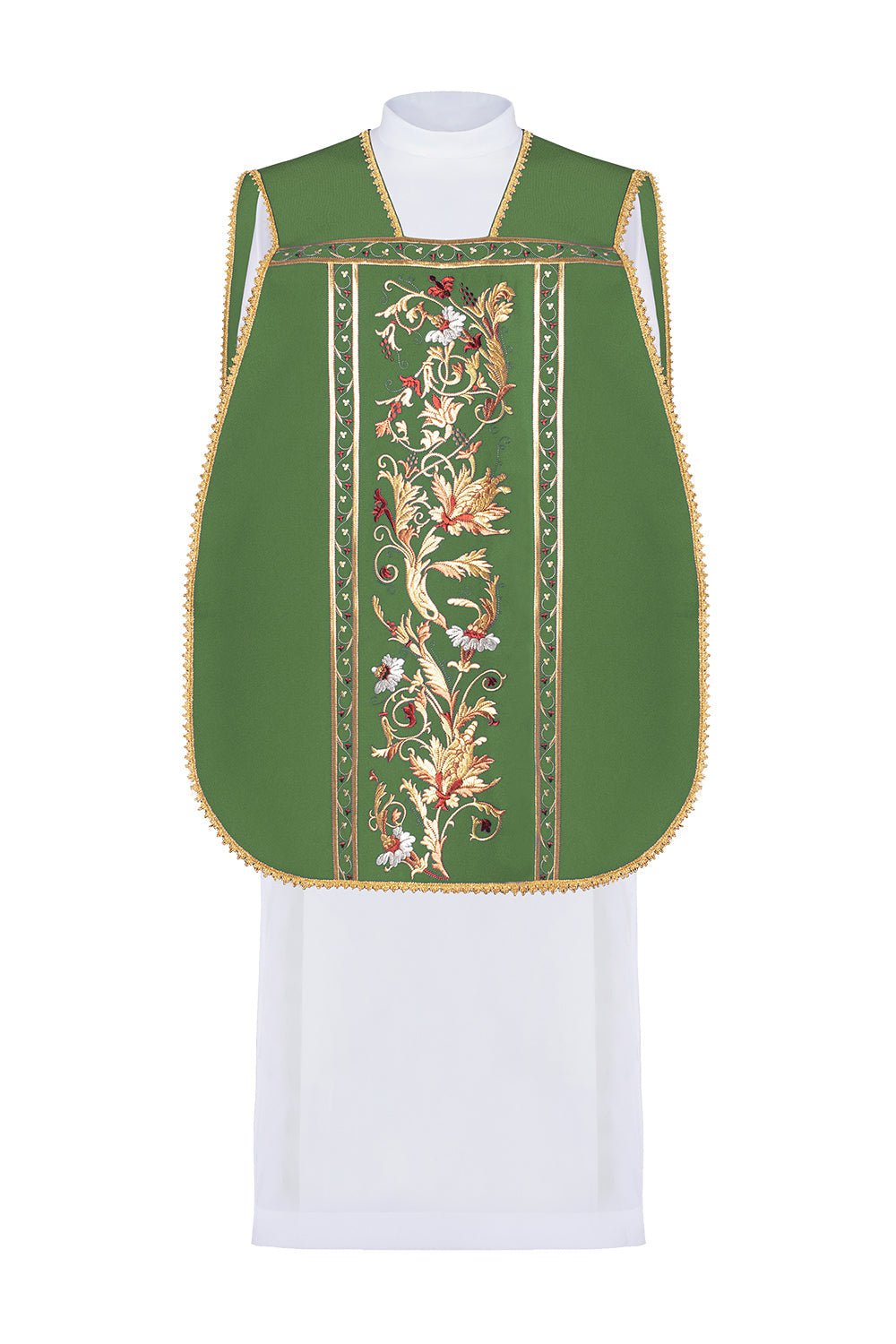 Chasuble romaine verte brodée d'un motif de calice eucharistique